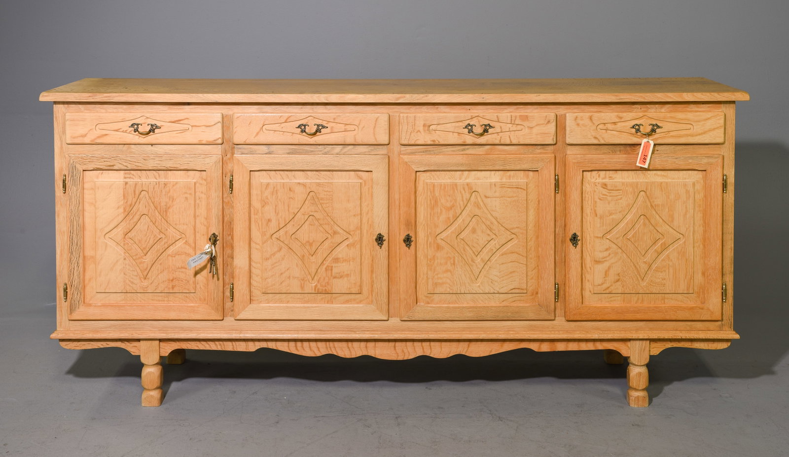 Danish Oak Four Door Four Drawer Sideboard: Danish Oak Four Door Four Drawer Sideboard - 36.5 in tall x 80 x 17.75 - Similar in style to / possibly by : S. Thrane & Son / Henning Kjaernulf / Guillerme & Chambron