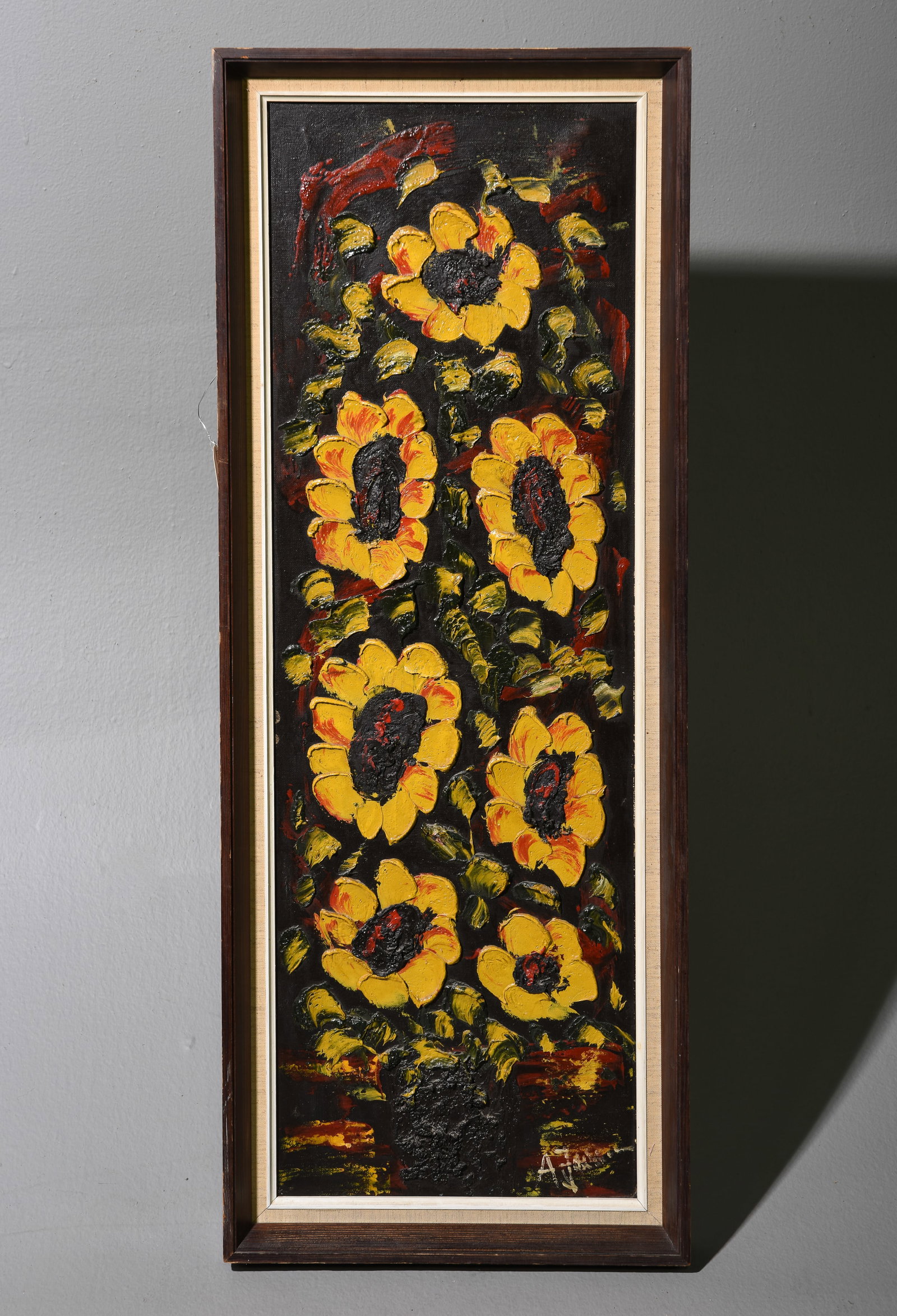 Danish Framed Abstract Sunflower Floral Still Life: Danish Framed Abstract Sunflower Floral Still Life on Canvas - 38.5 in tall x 14.75 x 2, The work itself is 35.75 x 12