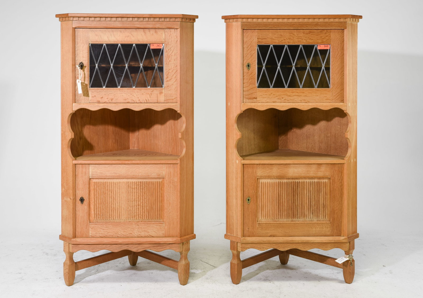 2 Danish Oak Leaded Glass Corner Cabinets: 2 Danish Oak Leaded Glass Corner Cabinets - 61 in tall x 32 x 19.5 each - Similar in style to / possibly by : S. Thrane & Son / Henning Kjaernulf / Guillerme & Chambron