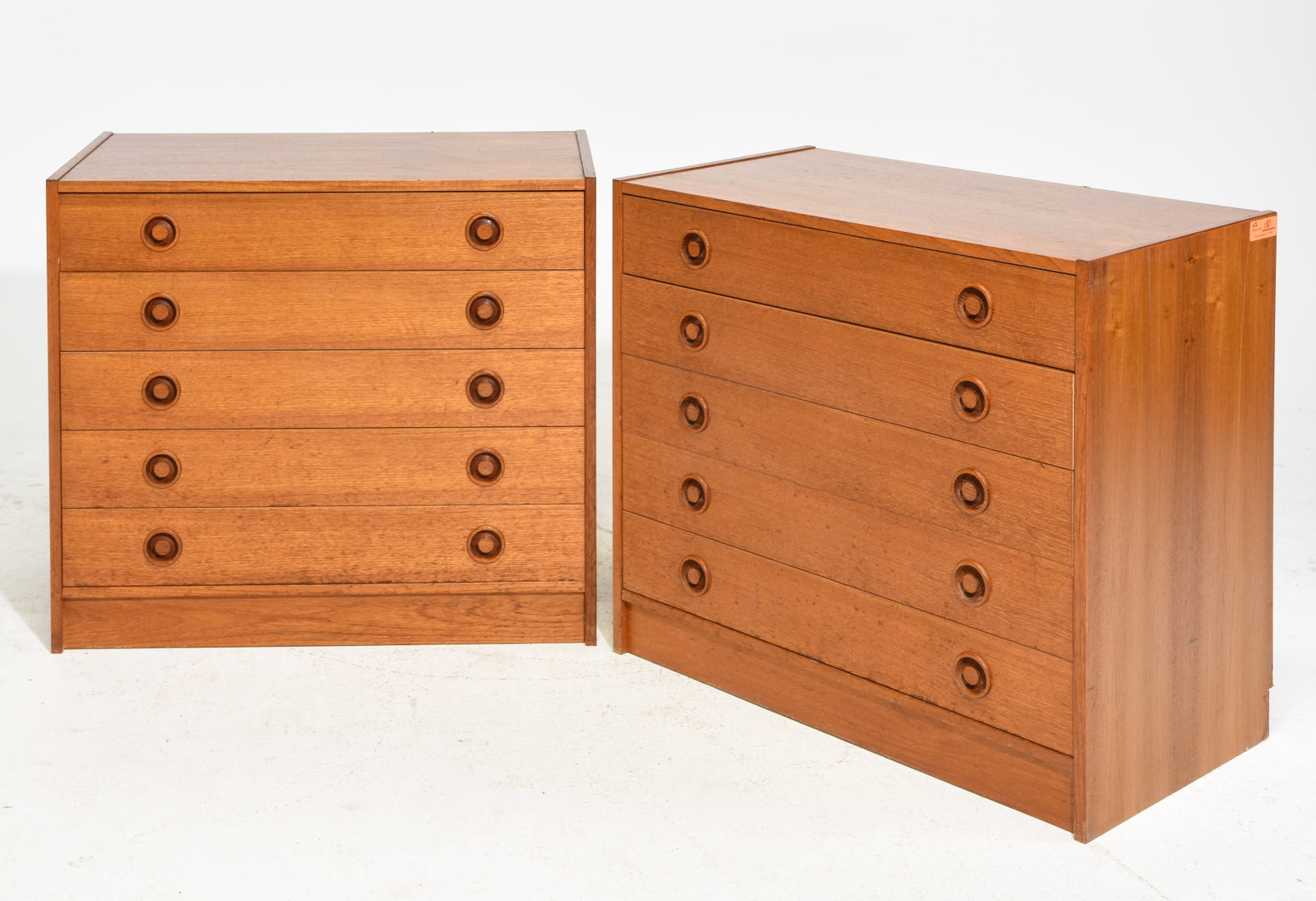 Pair Of Mid Century Modern 5 Drawer Chests: Pair Of Danish Modern Style 5 Drawer Chests - 27.5 in tall x 31.5 x 17.5