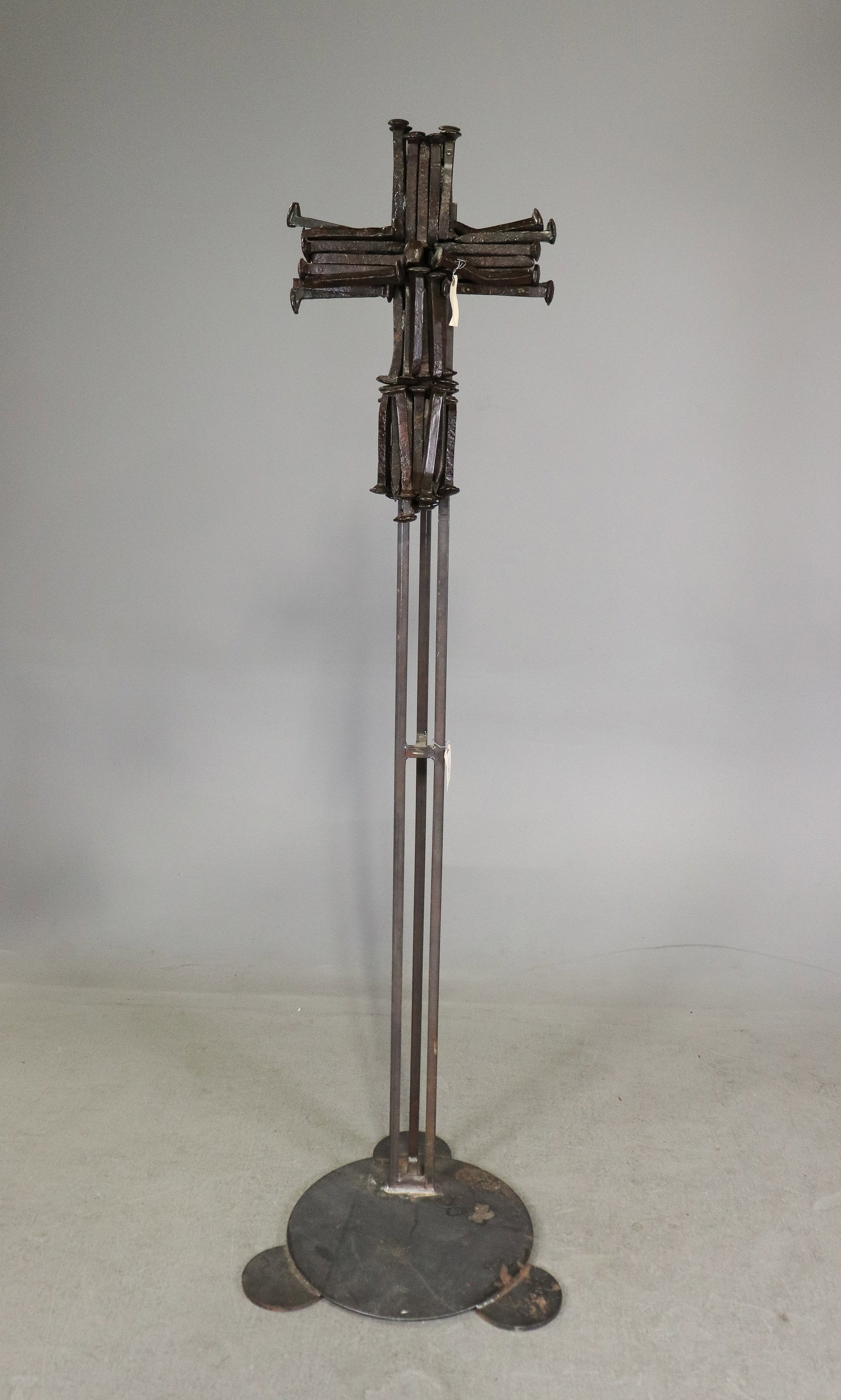 Heavy Iron Railroad Spike Cross on Stand: Heavy Iron Railroad Spike Cross on Stand - Overall this is 77 in tall x 23 x 23, The cross itself is 25.5 in tall x 17 x 5