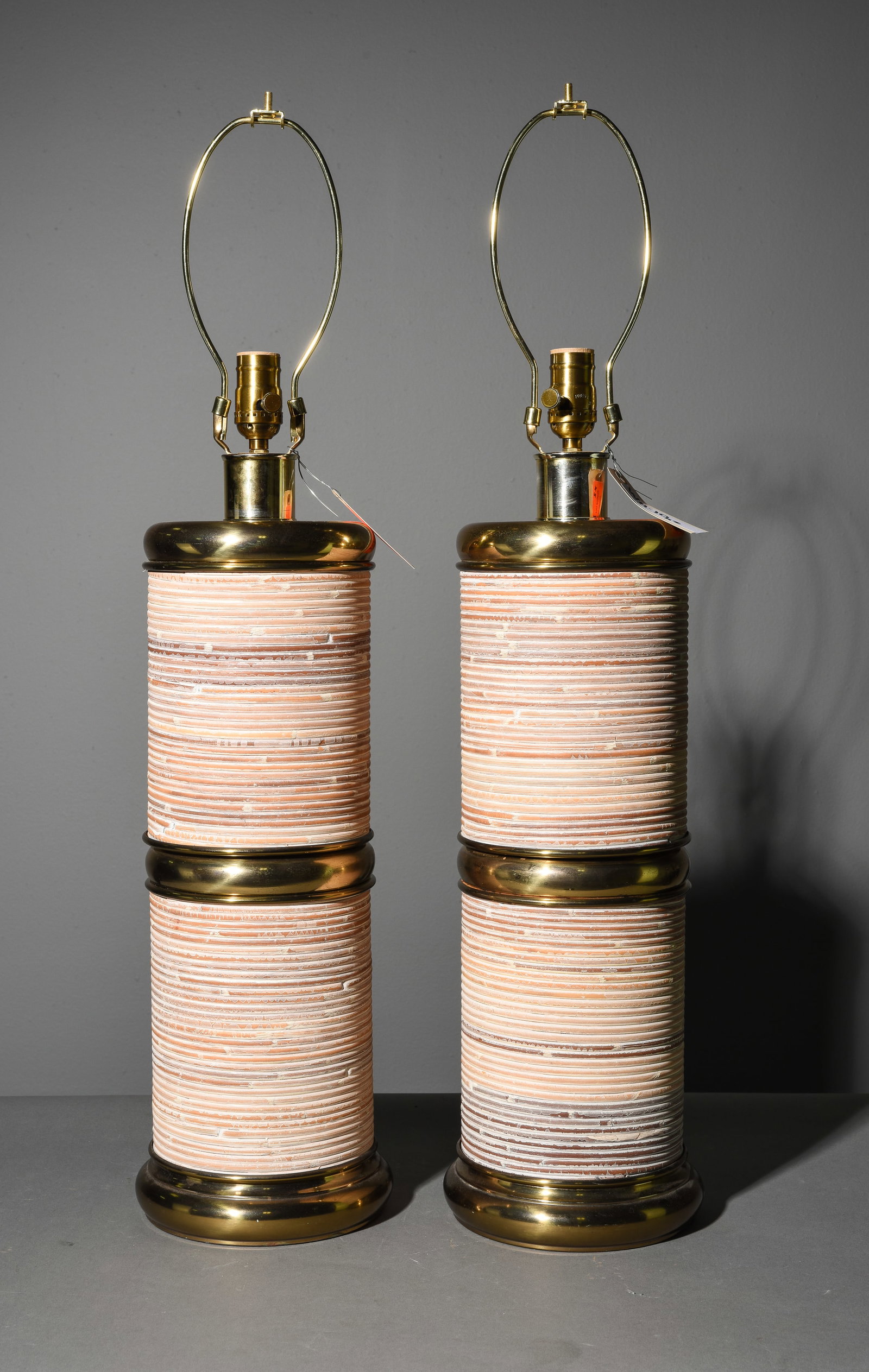 2 Vintage Reeded Rattan Lamp Bases With Brass Accents: Vintage Reeded Rattan Lamp Bases With Brass Accents - 32 in tall x 7 in diameter