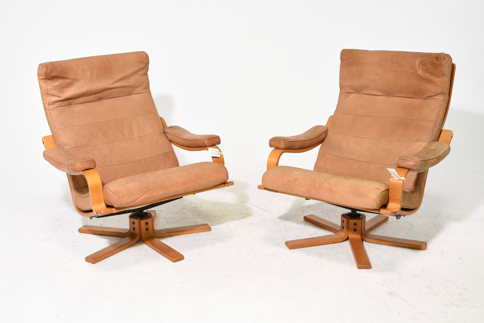 Danish Pair of Tan / Camel Leather Arm Chairs #2: Danish Pair of Tan / Camel Leather Arm Chairs - 36.5 in tall x 30.5 x 34 each with a seat height of 15.5 inches