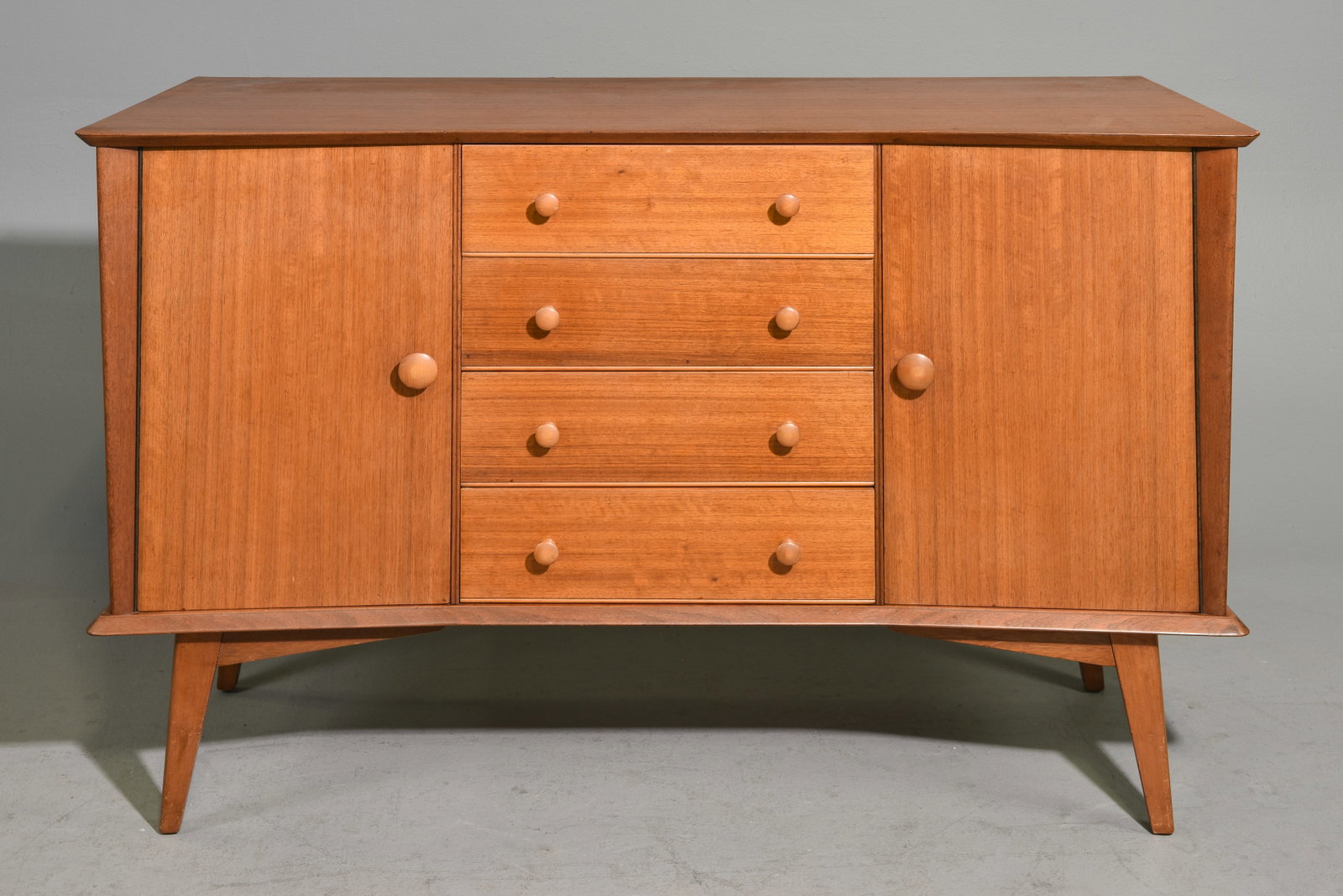 Mid Century Modern Teak Credenza: Danish Modern Style Teak Concave Fron Credenza - 33 in tall x 53 x 18.5