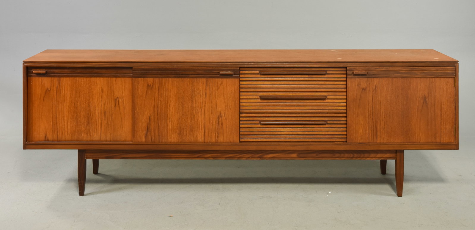 Mid Century Modern Sideboard Attrib. Richard Hornby: Danish Modern Style Long Teak Sideboard with Reeded Drawers Attributed to Richard Hornby - 29 in tall x 90.5 x 17