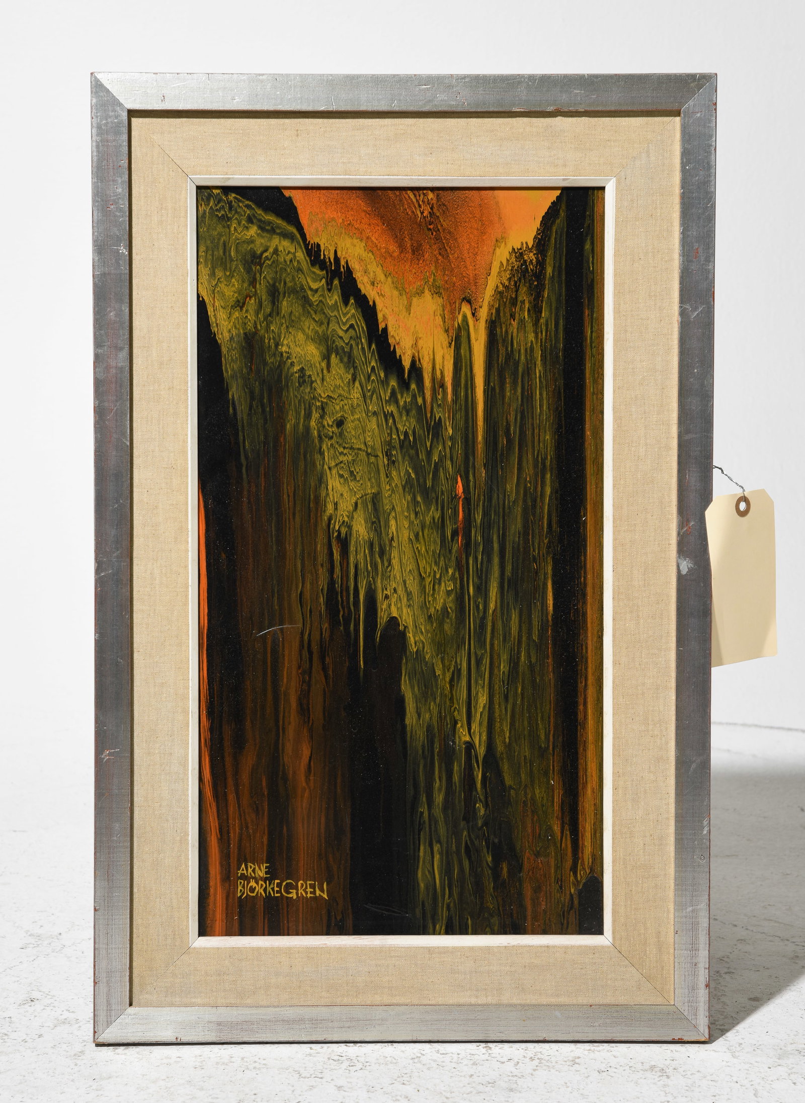 Arne Bjorkegren Framed Fluid Art on Board: Arne Bjorkegren Framed Fluid Art on Board - 26 in tall x 16.25 x 1, The work itself is 21 x 12