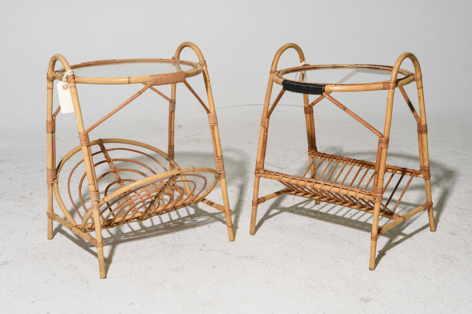 2 Danish Bamboo Glass Top Magazine Rack Base Tables: 2 Danish Bamboo Glass Top Magazine / Book Rack Base End / Occasional Tables - Largest is 20.25 in tall x 16.25 x 16