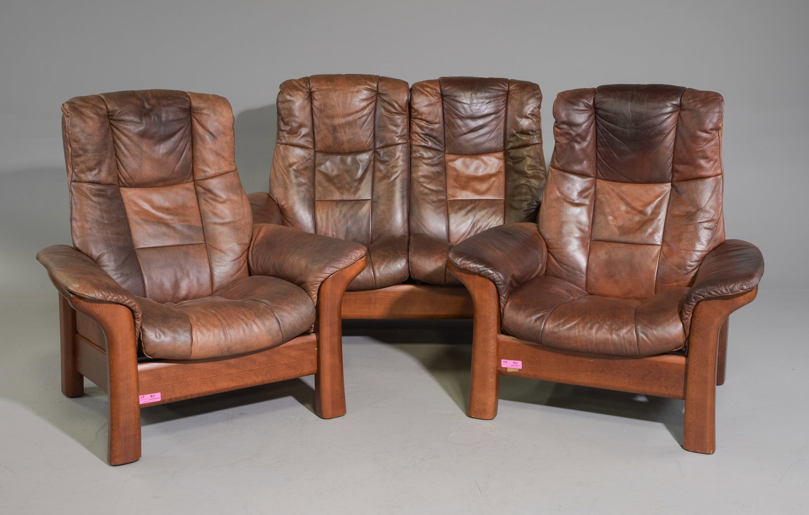 Mid Century Ekornes Sofa & 2 Arm Chairs: Danish Modern Style Brown Leather Ekornes "Stressless" Two Seater Sofa & Two Arm Chairs - 40 in tall x 59.5 x 33 with a seat height of 17 inches, Chairs are 41 in tall x 38.5 x 32 with a seat height o