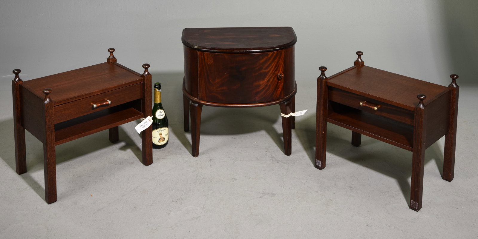 3pcs - Danish Pair of End Tables & 1 Other: 3pcs - Danish Pair of Low Single Drawer End Tables & 1 Demilune End Table - 20.25 in tall x 20.5 x 11.75 and the two smaller ones are 15.5 in tall x 18.5 x 12.5 each
