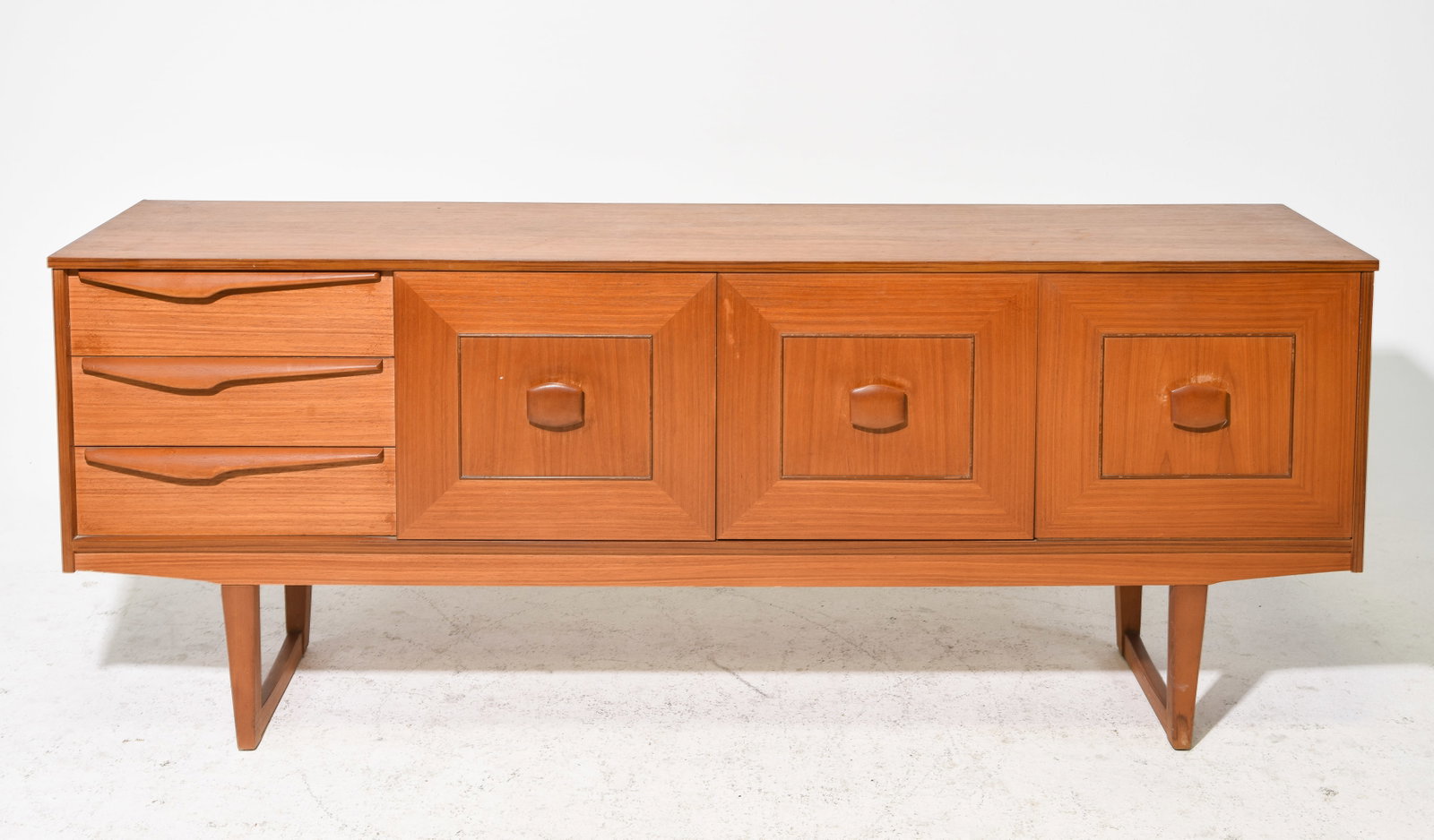 Mid Century Modern Sideboard - Stateroom: Danish Modern Style Sideboard with Three Drawers and Drop Front Door - 28.25 in tall x 71.5 x 16.5