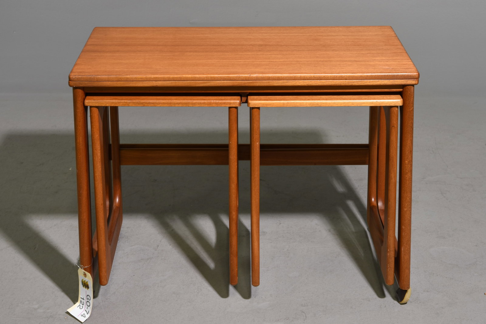 Mid Century Triform Flip Top Nest by McIntosh: Danish Modern Style Teak Triform Flip Top Nest by McIntosh - 23.5 in tall x 29 x 16, small ones are 19 in tall x 13 x 14