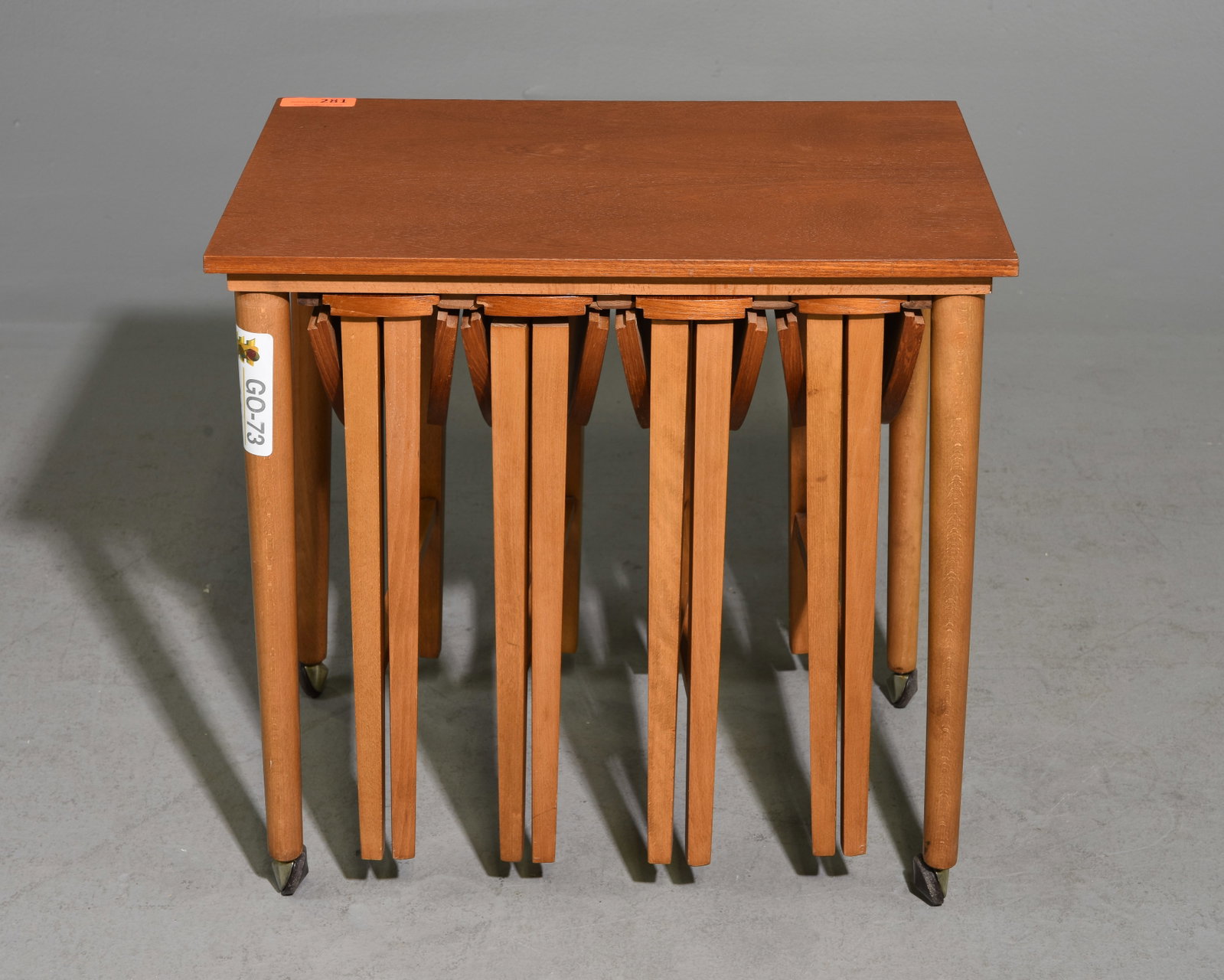 Mid Century Modern Nest of 5 Tables: Danish Modern Style Nest of 5 Tables - 22.25 in tall x 24.5 x 16.5, The four little tables are 19 in tall x 15 x 4.5, leaves add an additional 6 inches each
