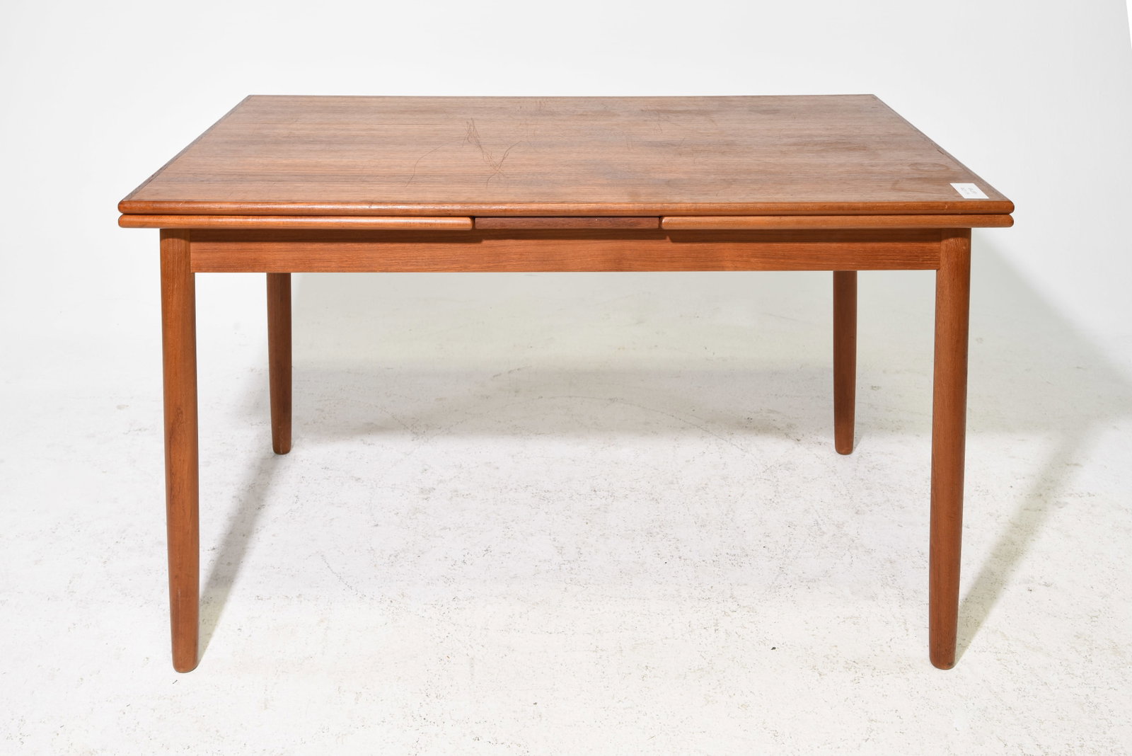 Danish Mid Century Modern Draw Leaf Table: Danish Mid Century Modern Draw Leaf Table - 29.5 in tall x 51 x 33.25, Leaves add an additional 20 inches each, Floor to apron is 24.5 inches and the space between the legs is 43 inches