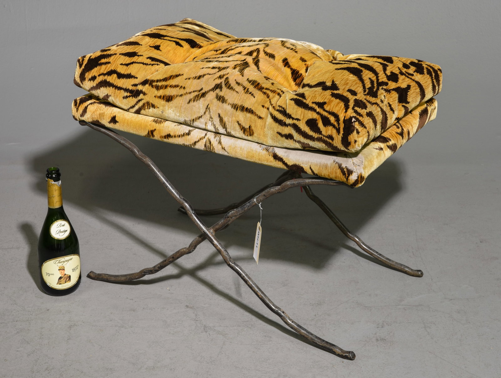 Custom Iron Stool with Scalamandre Tigre Silk Velvet: Custom Iron Stool with Scalamandre Tigre Silk Velvet - 21 in tall x 28 x 17
