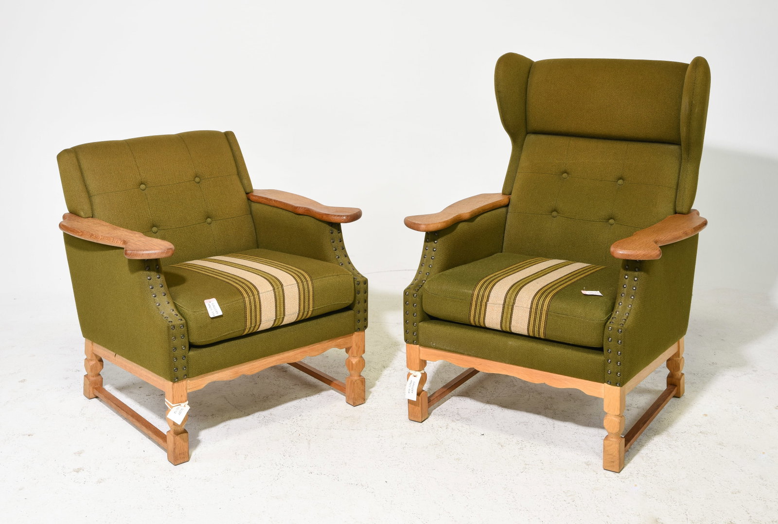 2pc - Danish Oak His & Hers Arm Chairs: 2pc - Danish Oak His & Hers Arm Chairs - 40 in tall x 27 x 35 with a seat height of 17 inches and 30 in tall x 25 x 31 with a seat height of 17 inches