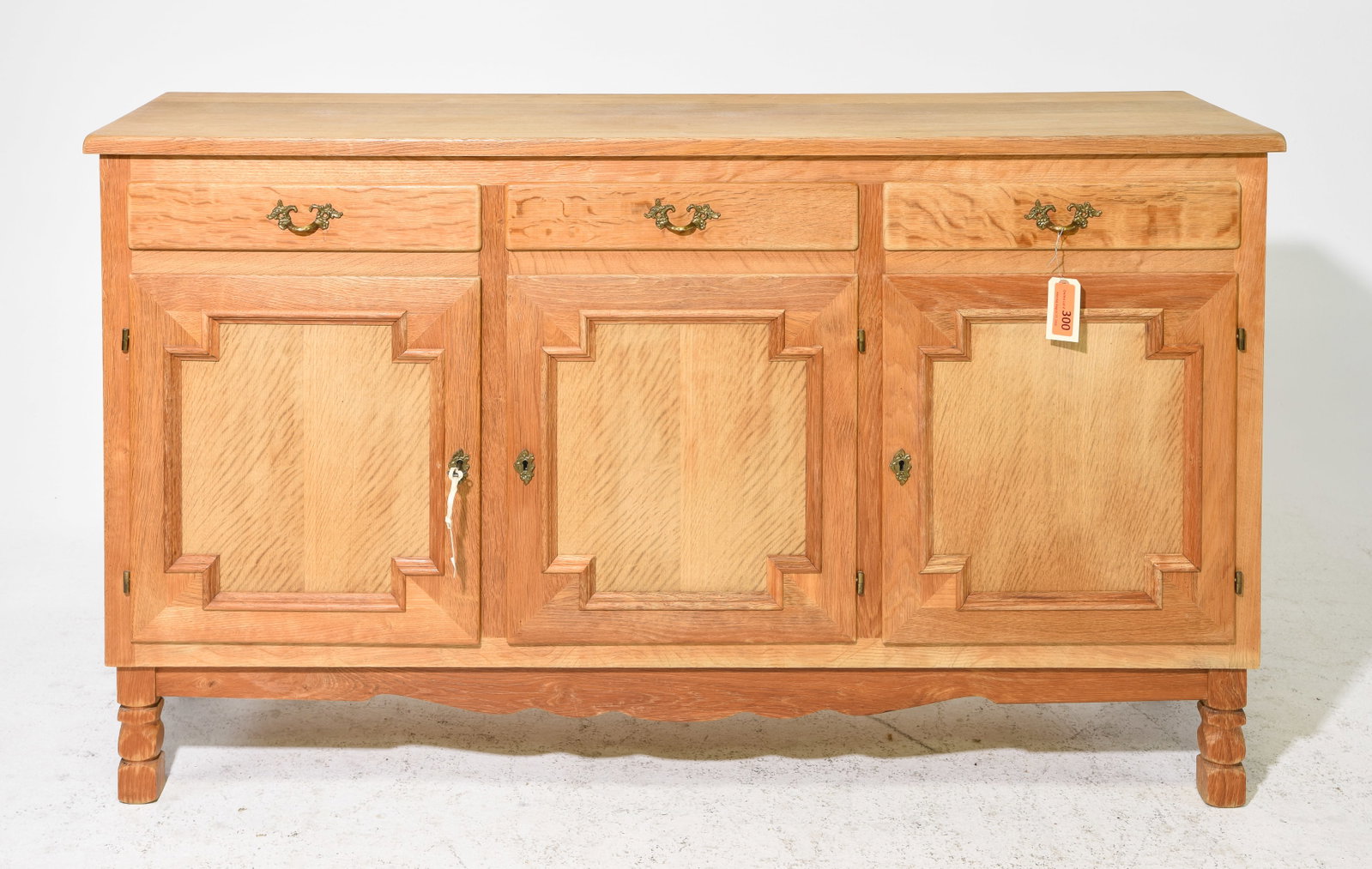 Danish Oak Three Door Sideboard: Danish Oak Three Door Three Drawer Sideboard - 35 in tall x 60 x 17.5 - Similar in style to / possibly by : S. Thrane & Son / Henning Kjaernulf / Guillerme & Chambron