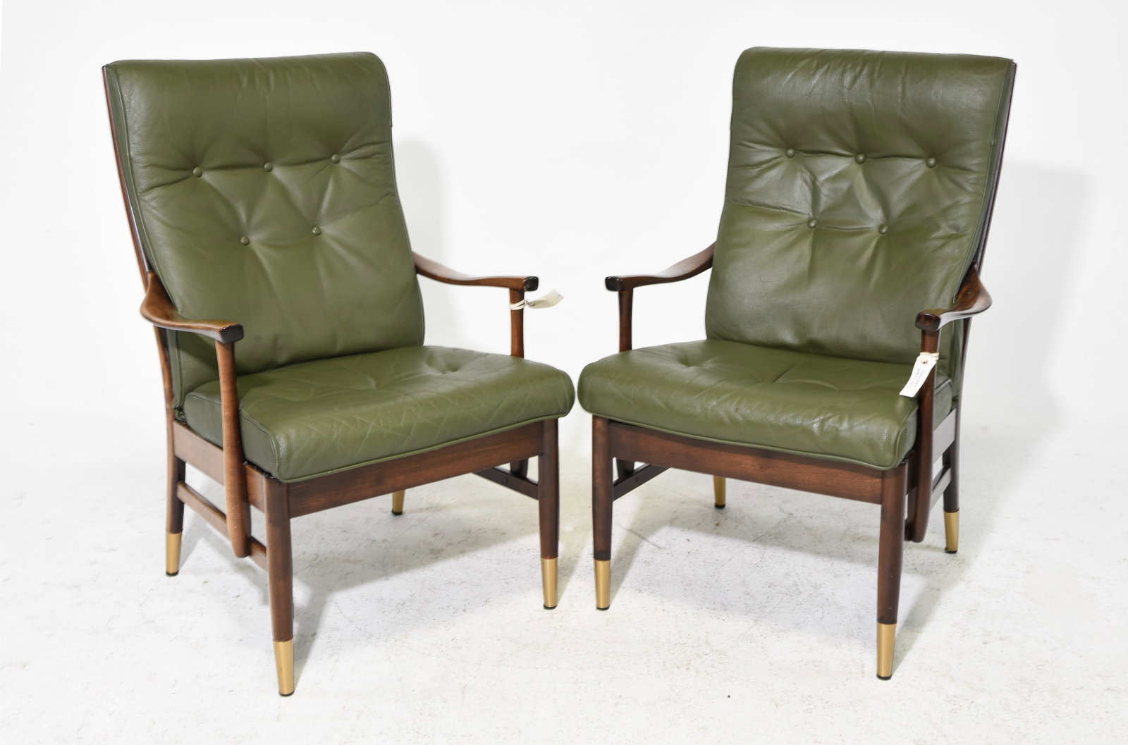 Danish Mahogany Green Leather Pair of Arm Chairs: Danish Mahogany Green Leather Pair of Arm Chairs - 40.5 in tall x 26.25 x 31 each with a seat height of 20 inches