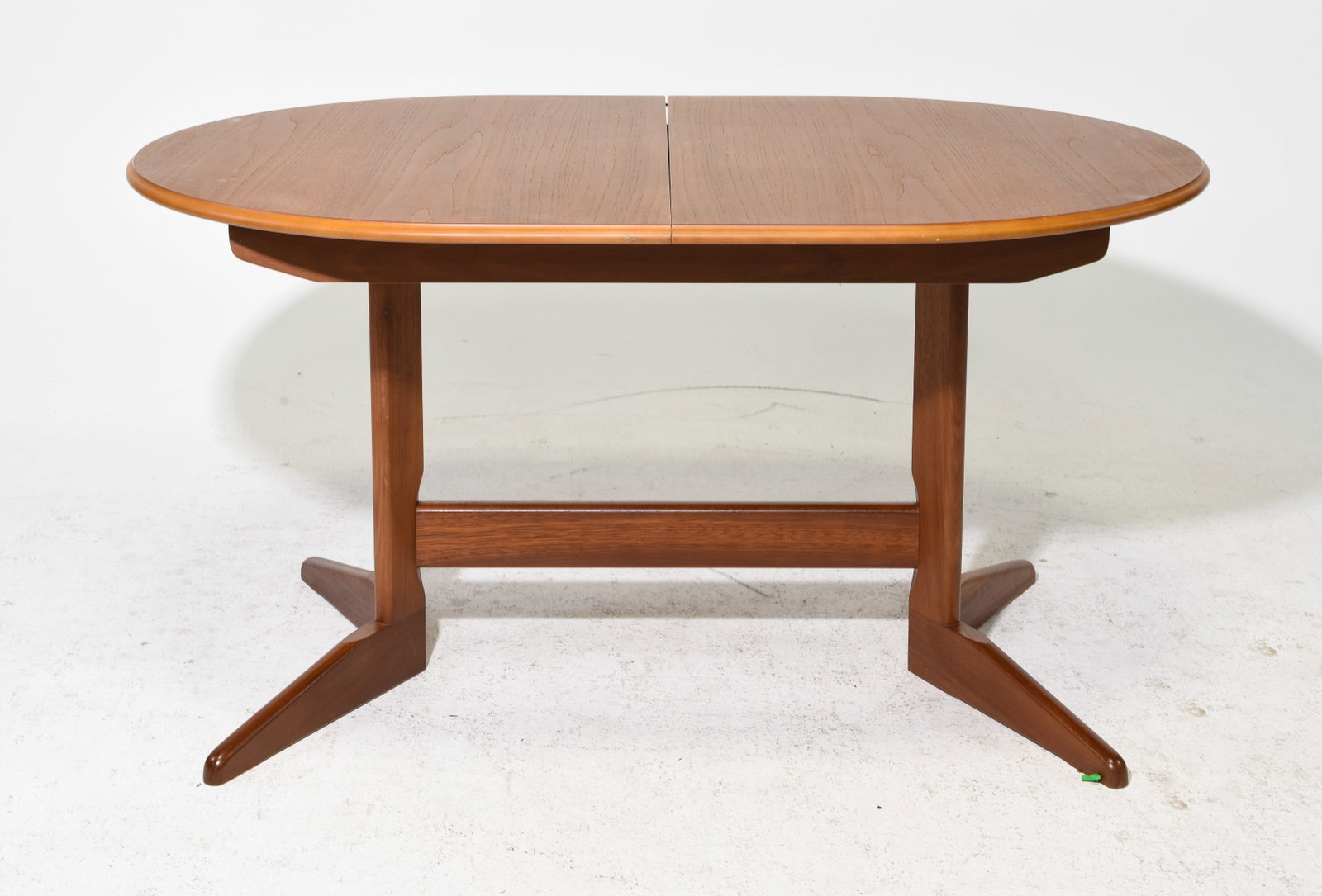 Mid Century Modern Oval Table with Pop Up Leaf: Danish Modern Style Oval Dining Table with Pop Up Leaf - 29.5 in tall x 57 x 39, Leaf adds an additional 14 inches, Floor to under is 25.5 and the space between the legs is 43.5 inches