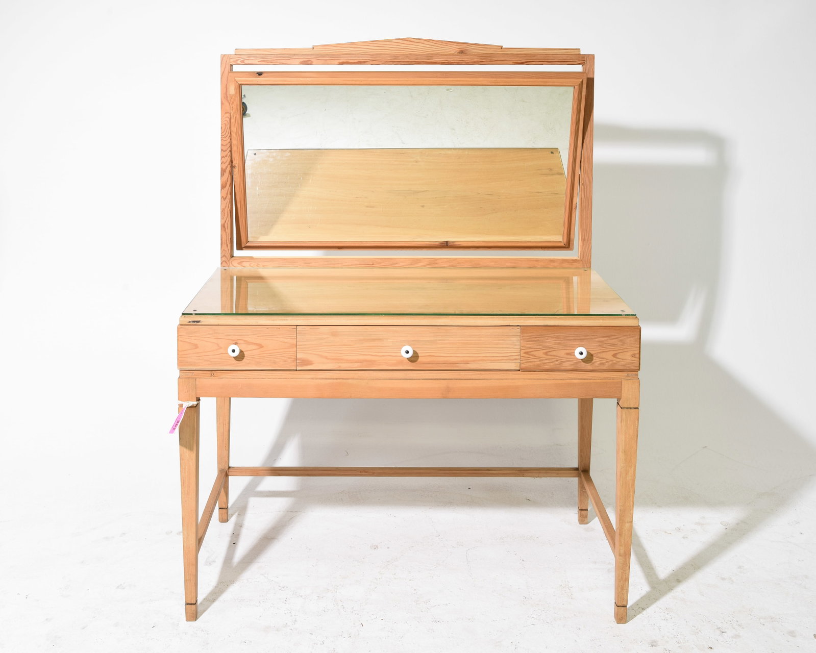 Danish Pine Glass Top Dressing Table: Danish Pine Glass Top Dresser / Dressing Table - 52.5 in tall x 40 x 21, Floor to under is 20.5 inches and the space between the legs is 36 inches