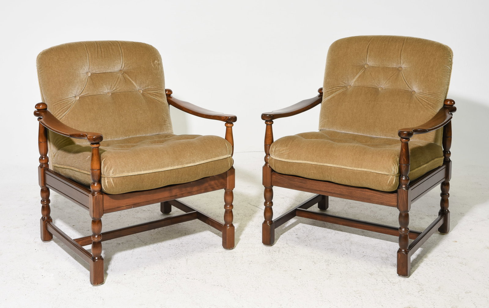 Swedish Pair of Oak Button Tufted Arm Chairs: Swedish Pair of Oak Button Tufted Arm Chairs - 35 in tall x 29 x 30 each with a seat height of 20 inches