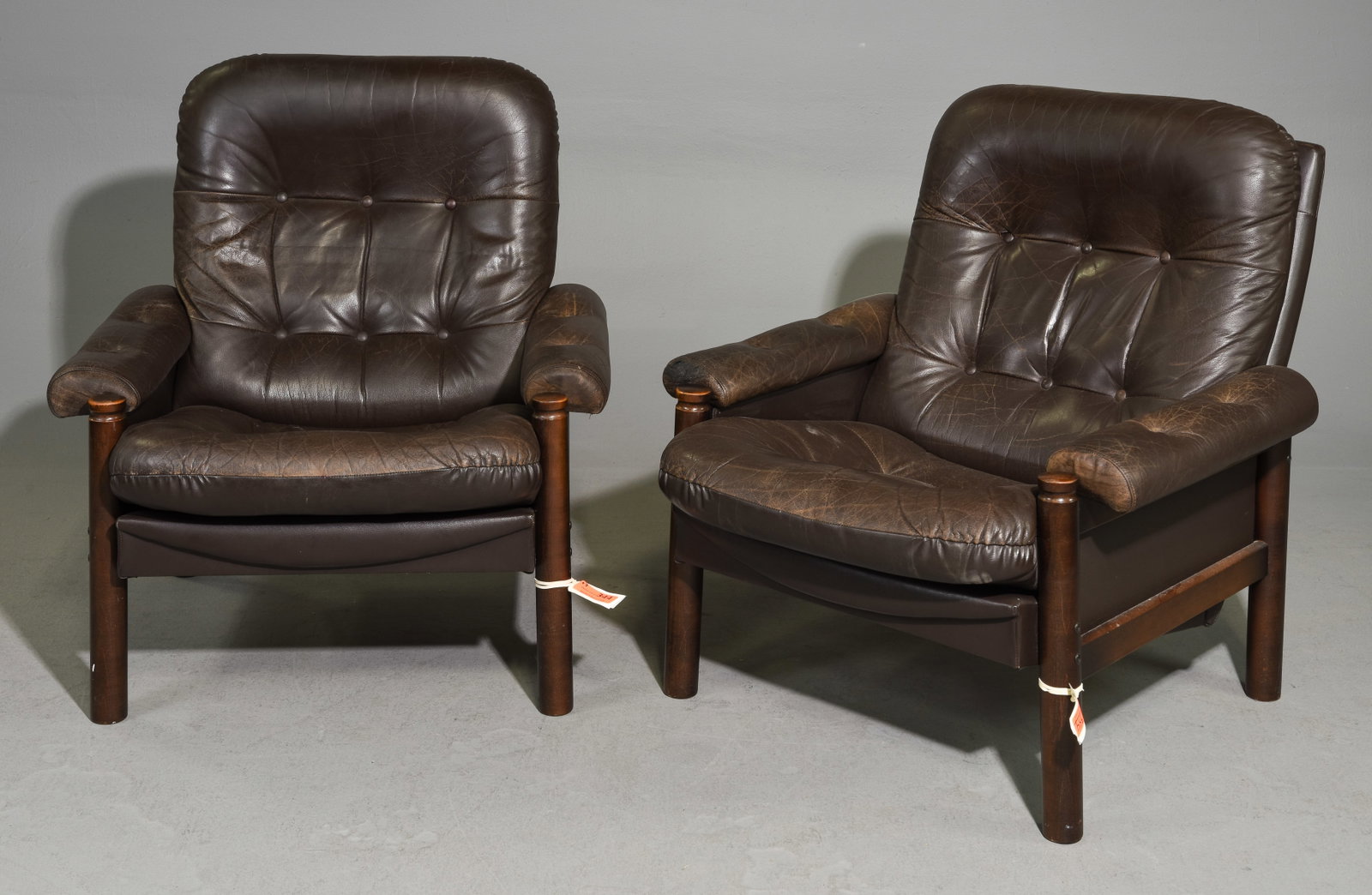 Pair Of Brown Leather Danish Leather Arm Chair: Pair Of Brown Leather Danish Leather Arm Chair - 36 in tall x 31.5 x 32, seat height is 17 in