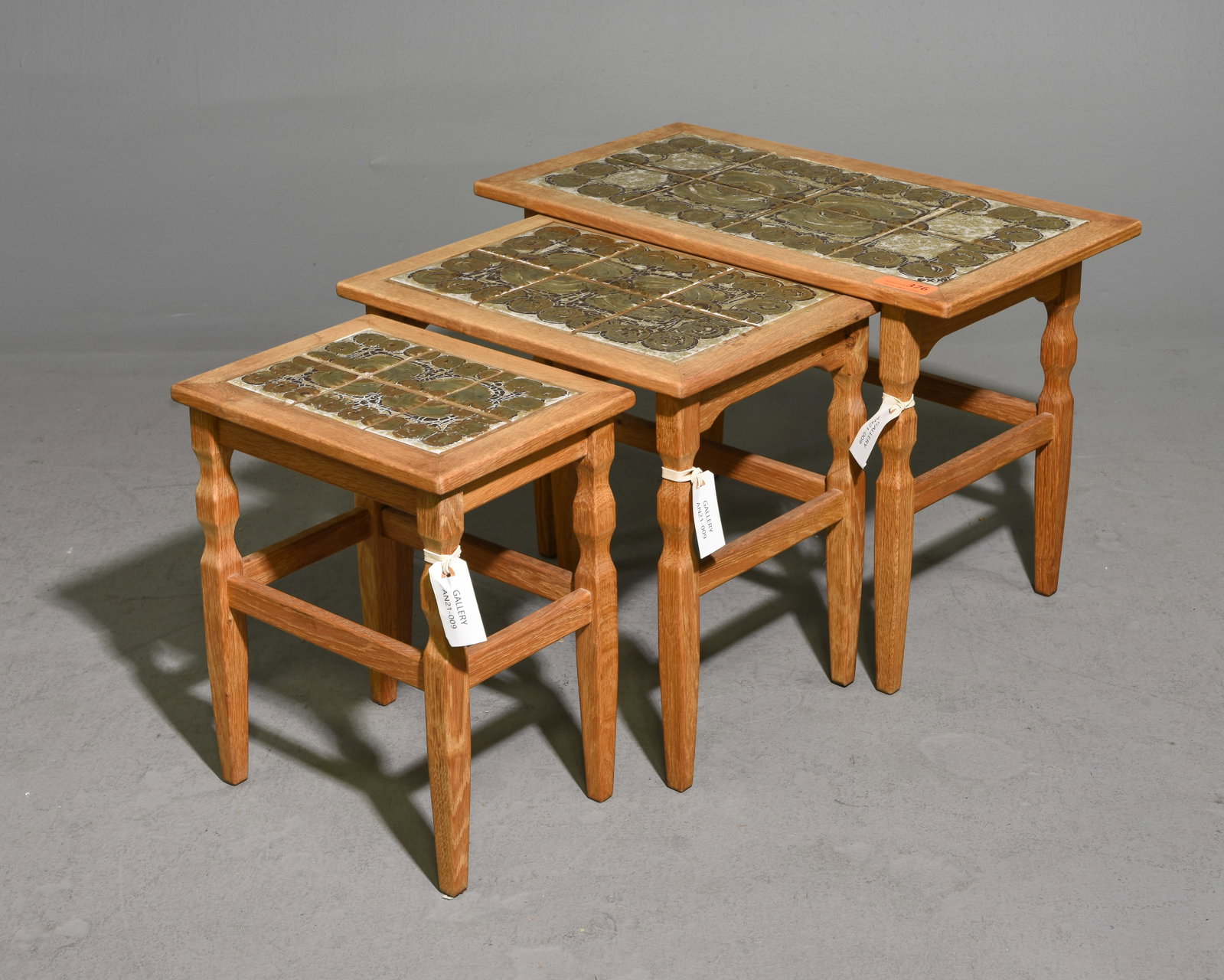 Danish Oak Tile Top Nest of Three Tables: Danish Oak Tile Top Nest of Three Tables - 19 in tall x 27 x 15.25, 18 in tall x 19.25 x 14 and 17.25 in tall x 15 x 11 - Similar in style to / possibly by : S. Thrane & Son / Henning Kjaernulf / Guil