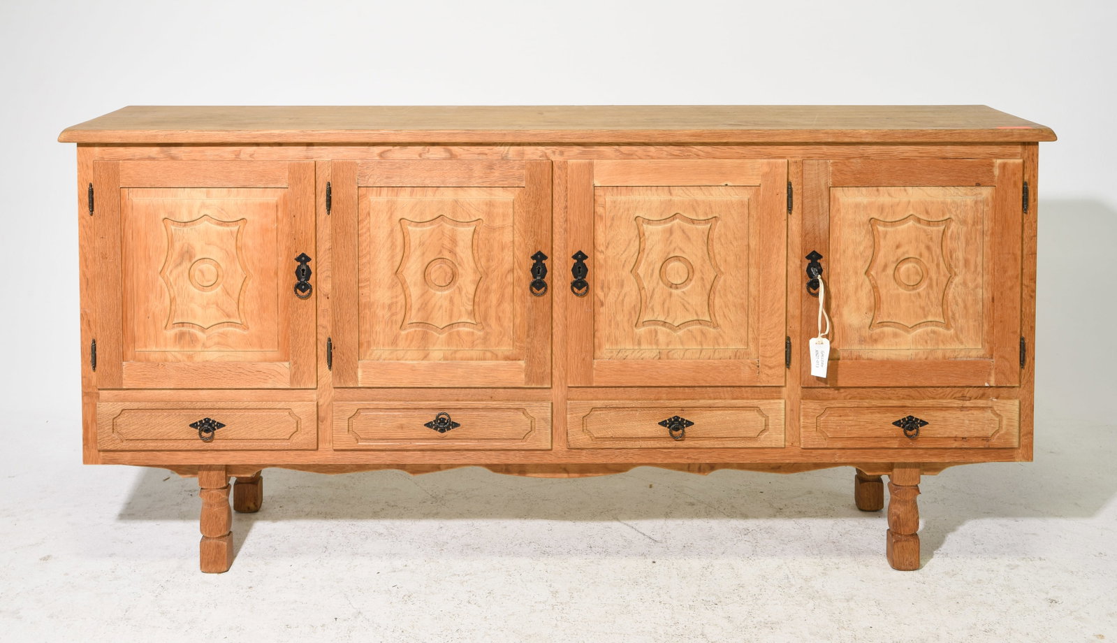 Danish Oak Four Door Sideboard / Enfilade: Danish Oak Four Door Sideboard / Enfilade with Four Drawers - 36.5 in tall x 79 x 17.25 - Similar in style to / possibly by : S. Thrane & Son / Henning Kjaernulf / Guillerme & Chambron.