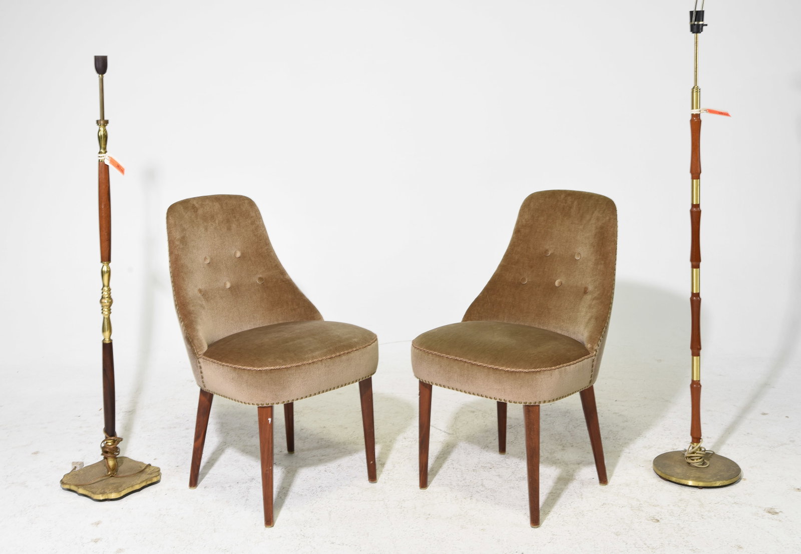 2 Swedish Button Tufted Chairs & 2 Danish Floor Lamps: 2 Swedish Button Tufted Chairs & 2 Danish Floor Lamps - Lamps are 57 in tall x 10 inch diameter at the base and 49.25 in tall x 9 x 9 at the base, Chairs are 32 in tall x 19 x 22 each with a seat heig