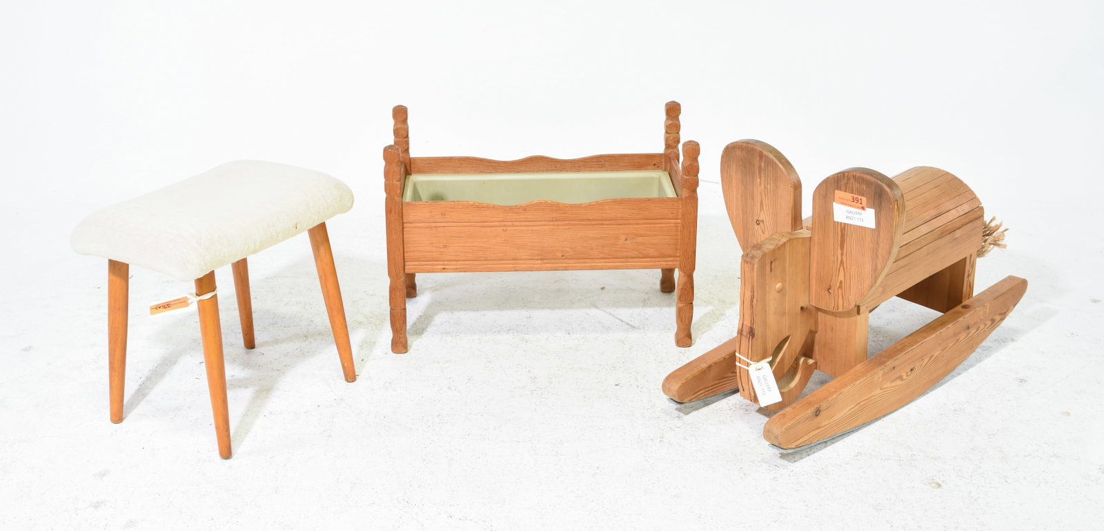 3pcs - Danish Oak Elephant Rocker, Etc.: 3pcs - Danish Oak Elephant Rocker, Lined Planter / Trough and Upholstered Stool - 18 in tall x 25.25 x 13, 20 in tall x 16 x 32 and 17 in tall x 19 x 12.5