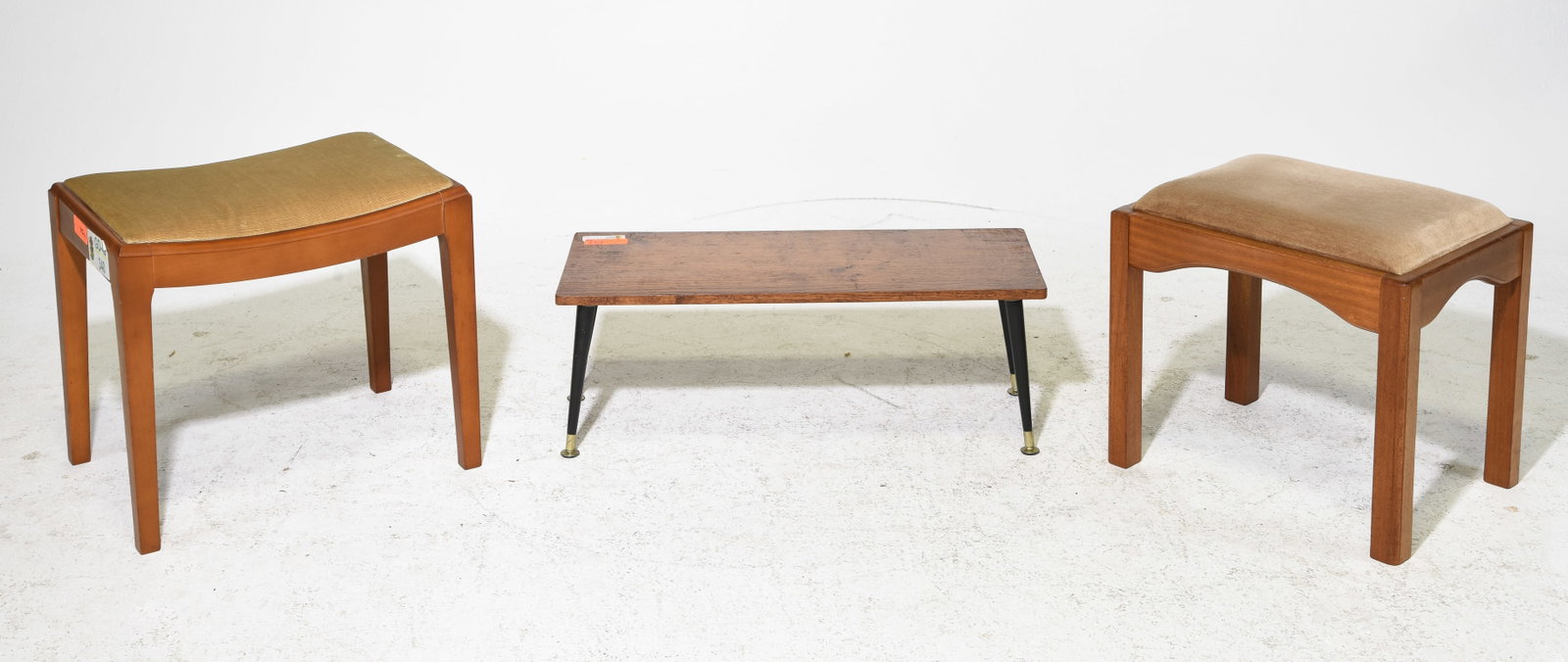 3pcs - 2 Mid Century Modern Stools & 1 Low Table: 3pcs - 2 Mid Century Modern Stools & 1 Low / Petite Table - 10.25 in tall x 28.25 x 11.75, 16.75 in tall x 20 x 14.5 and 16.5 in tall x 18.5 x 14.25