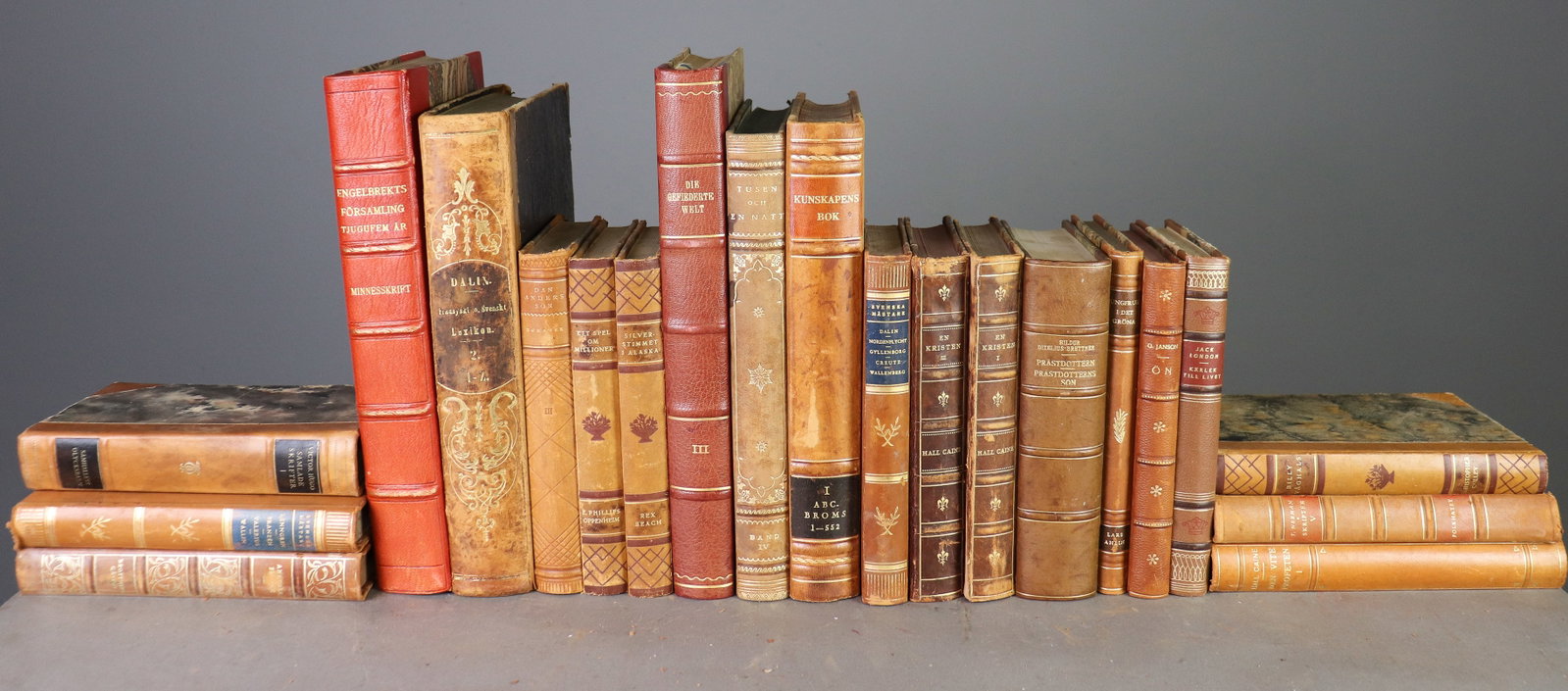 21 Leather Bound European Books / Novels: 21 Leather Bound European Books / Novels - 11.5 in tall x 8.75 x 1.75