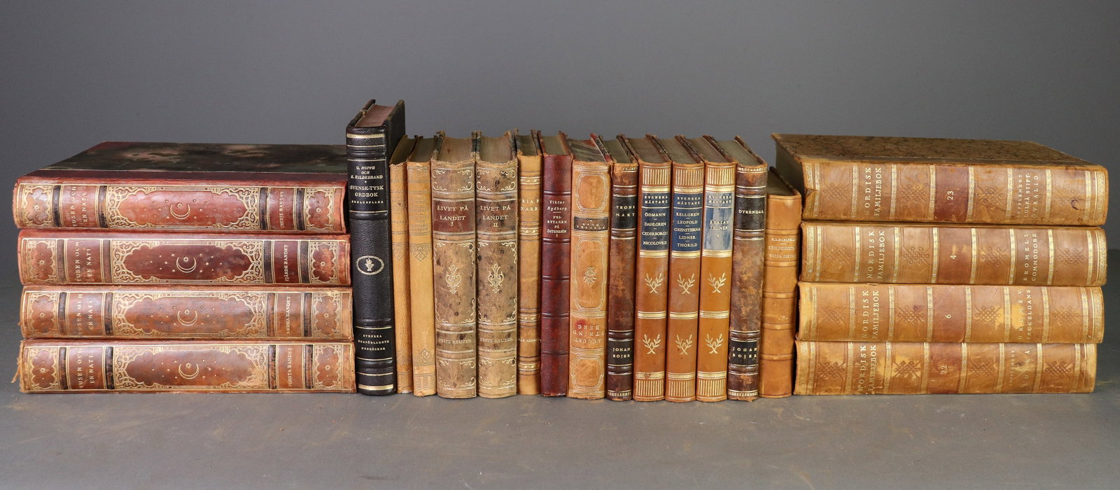22 Leather Bound European Books / Novels: 22 Leather Bound European Books / Novels - 10.5 in tall x 8 x 2