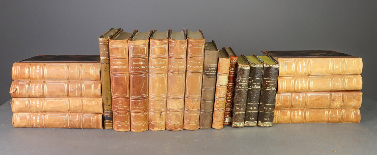 20 Leather Bound European Books / Novels: 20 Leather Bound European Books / Novels - 9.5 in tall x 7 x 2