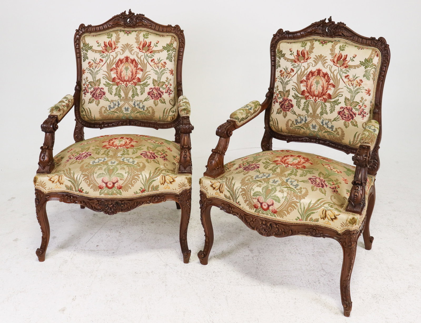 Pair Of Louis XV Carved Style Upholstered Arm Chairs (1 of 14)