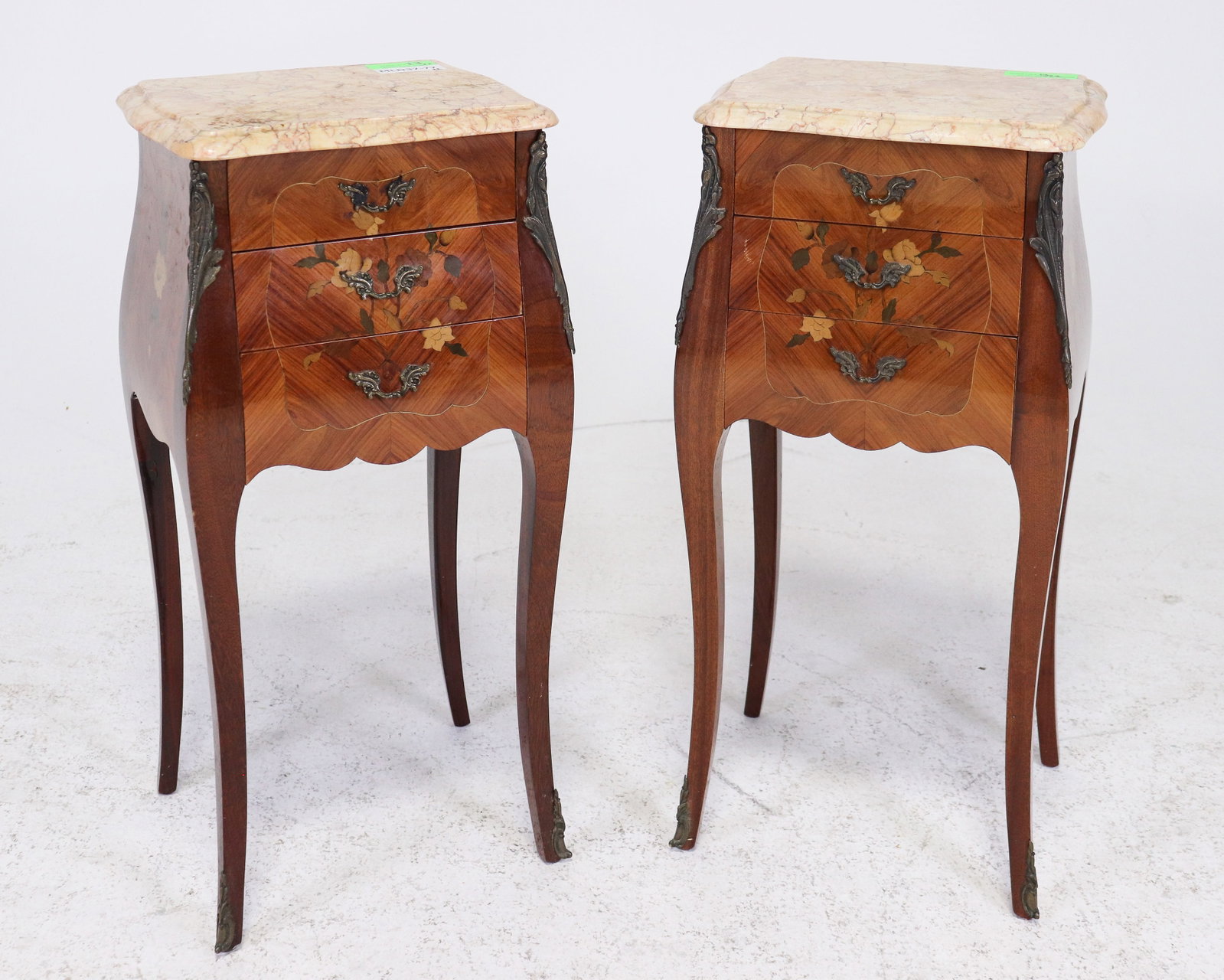 Pair Of Louis XV Style Marble Top Nightstands: Pair Of French Louis XV Style Marble Top Nightstands - 28.5 in tall x 14 x 11.75