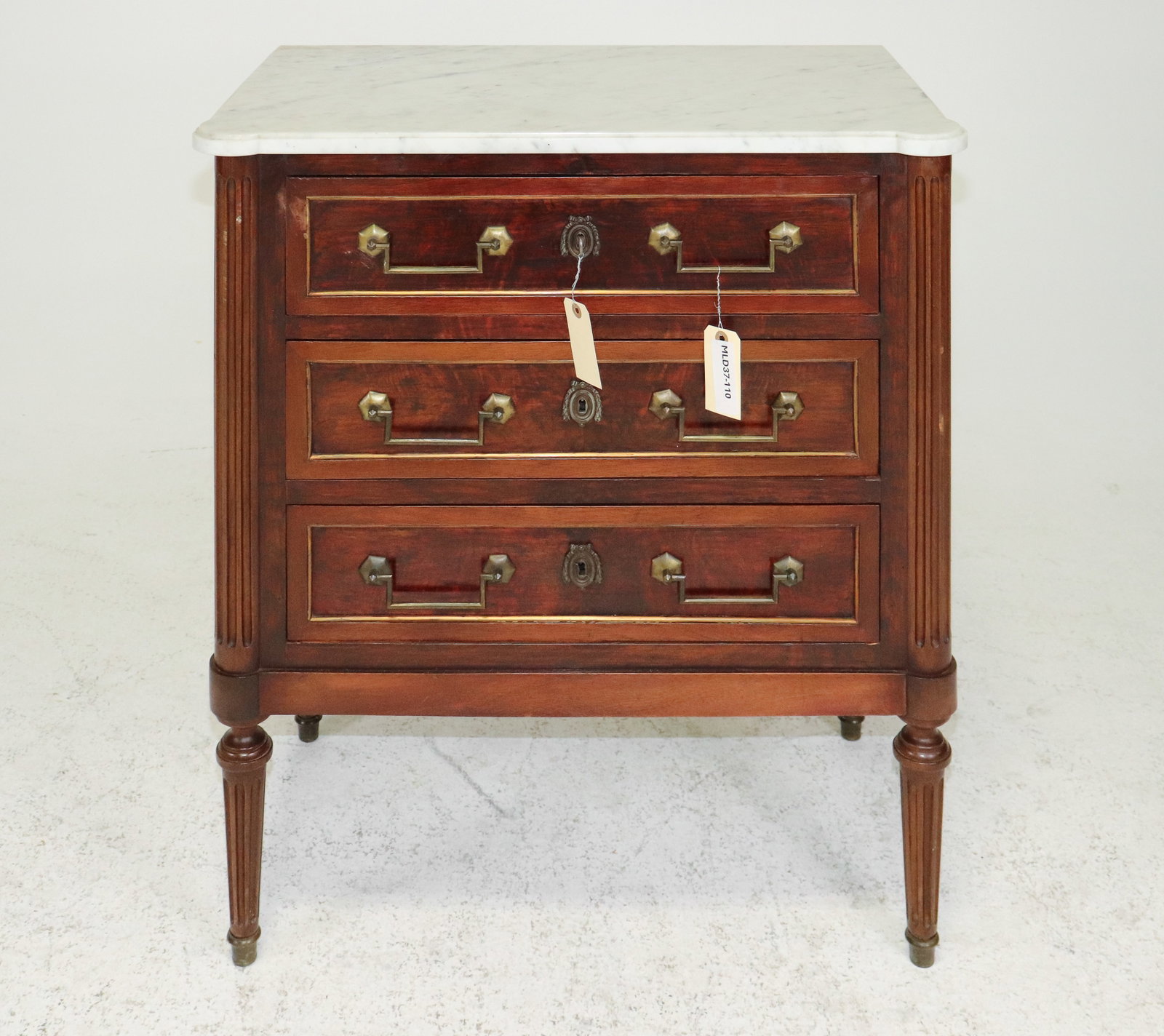 Louis XV Style White Marble Top 3 Drawer Chest: French Louis XV Style White Marble Top 3 Drawer Chest - 32 in tall x 28 x 16