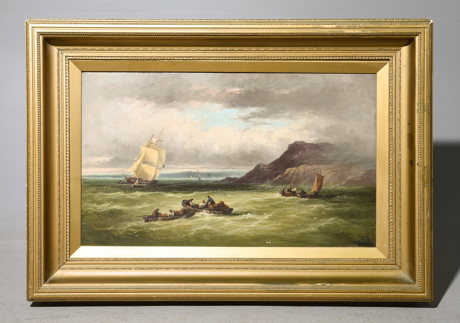 Antique Gold Framed Oil on Canvas Seascape: Antique Gold Framed Oil on Canvas Seascape - 28 in tall x 40 x 4, The work itself is 20.5 x 32.5