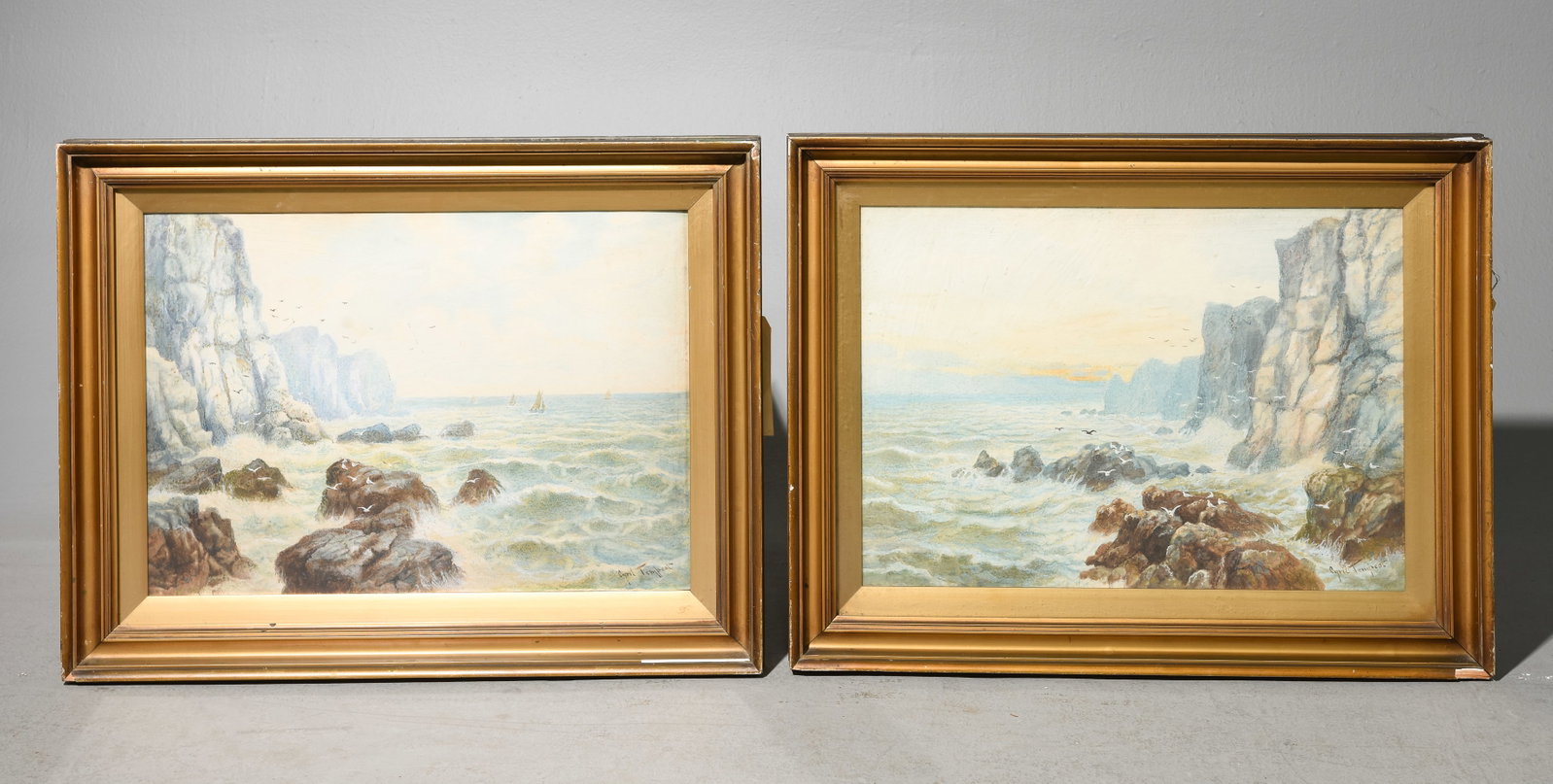 2 Gold Framed Artist Signed Seascapes: 2 Gold Framed Artist Signed Seascapes - 20 in tall x 26.5 x 2.5 each