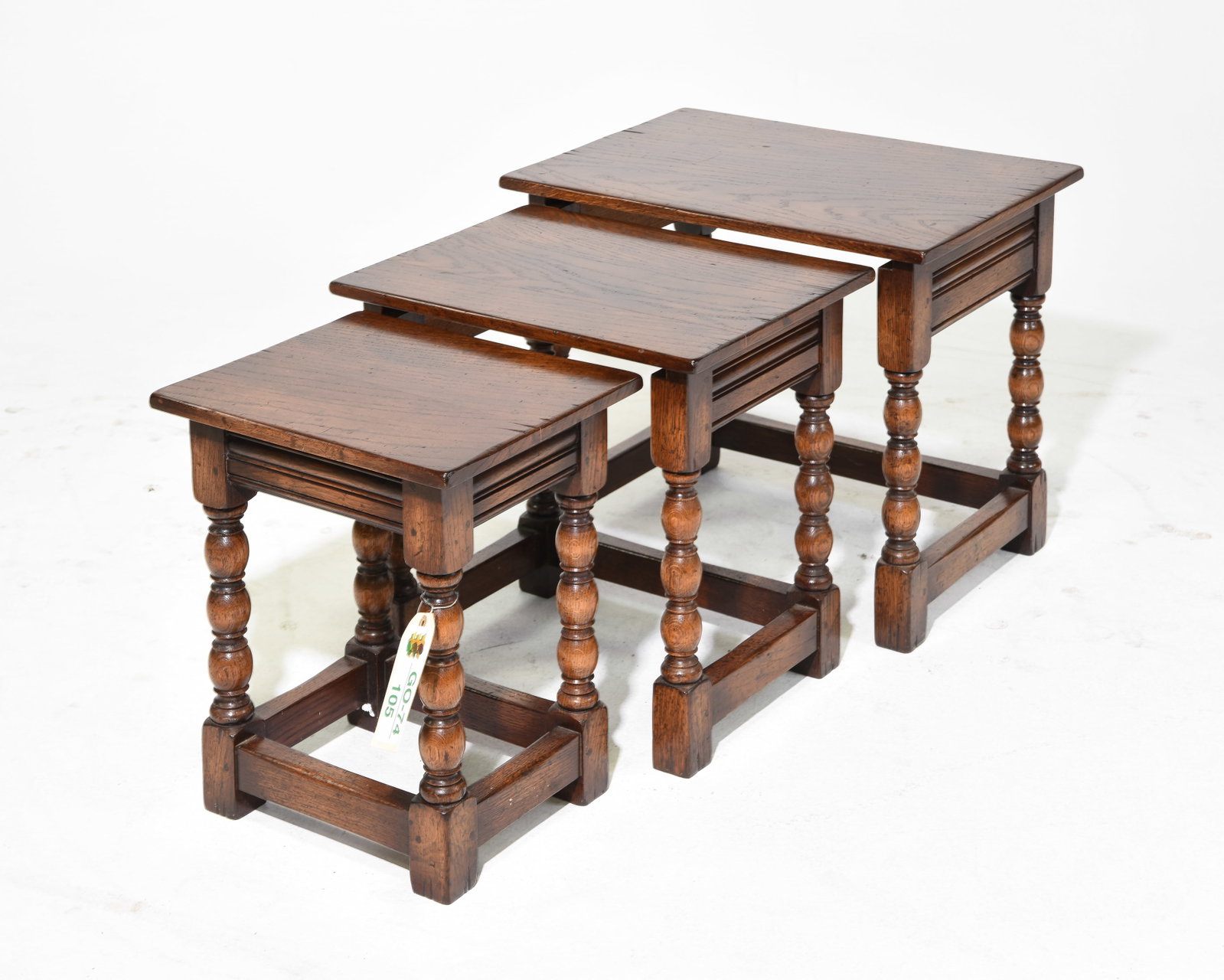 British Oak Nest of Three Tables: British Oak Nest of Three Tables - 18.5 in tall x 22 x 16, 17.5 in tall x 16 x 14 and 16.5 in tall x 14 x 12
