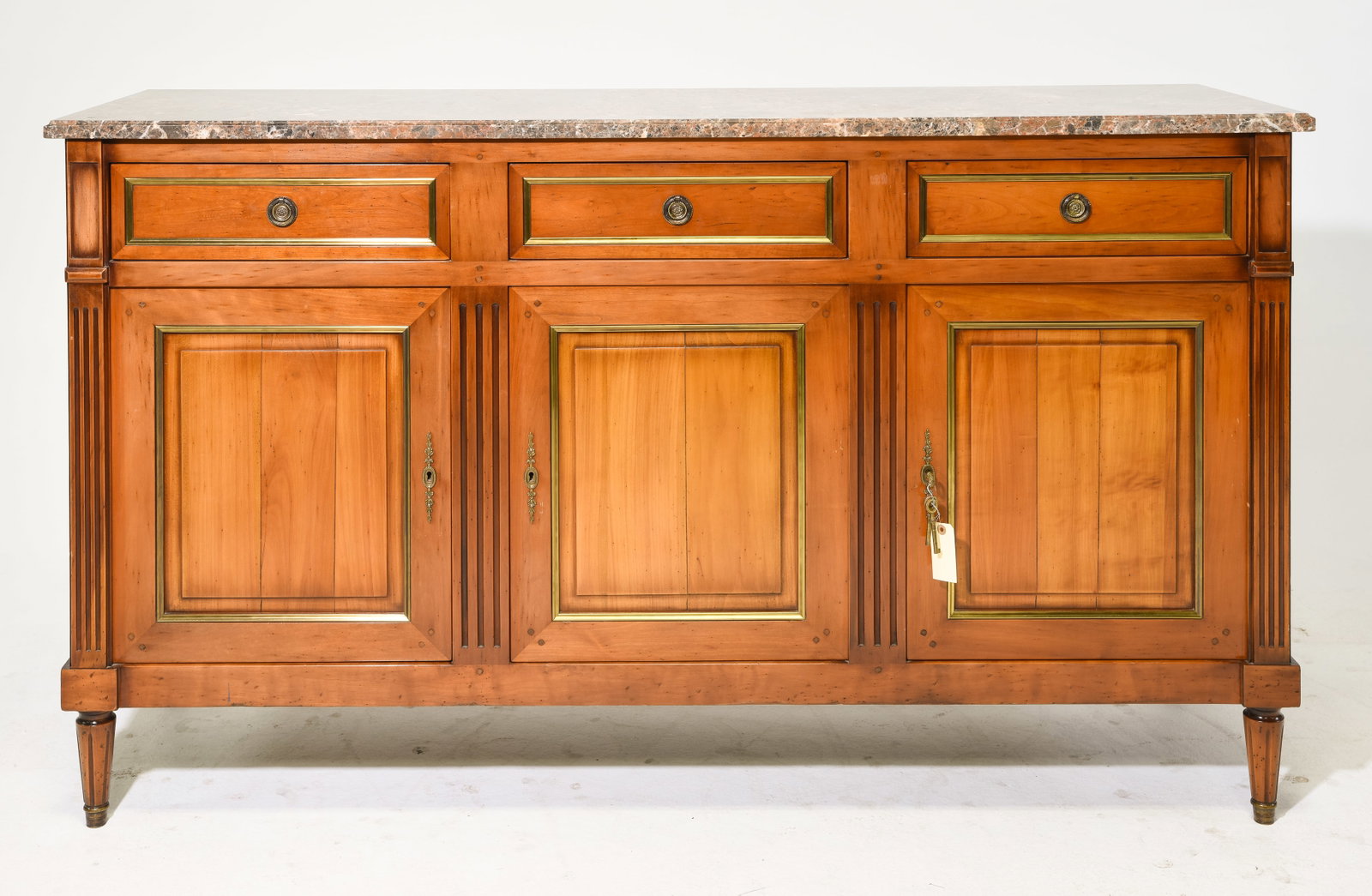 Louis XVI Style Marble Top Three Door Sideboard: French Louis XVI Style Marble Top Three Door Sideboard / Enfilade - 40 in tall x 69 x 21