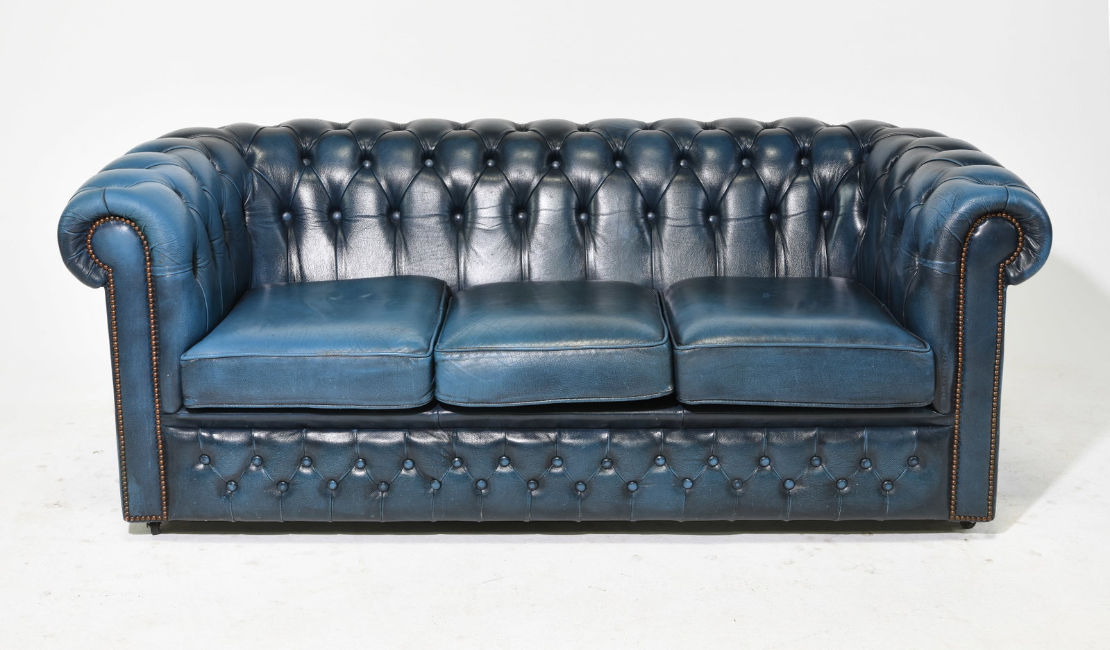British Blue Leather Chesterfield 3 Seater Sofa (1 of 9)