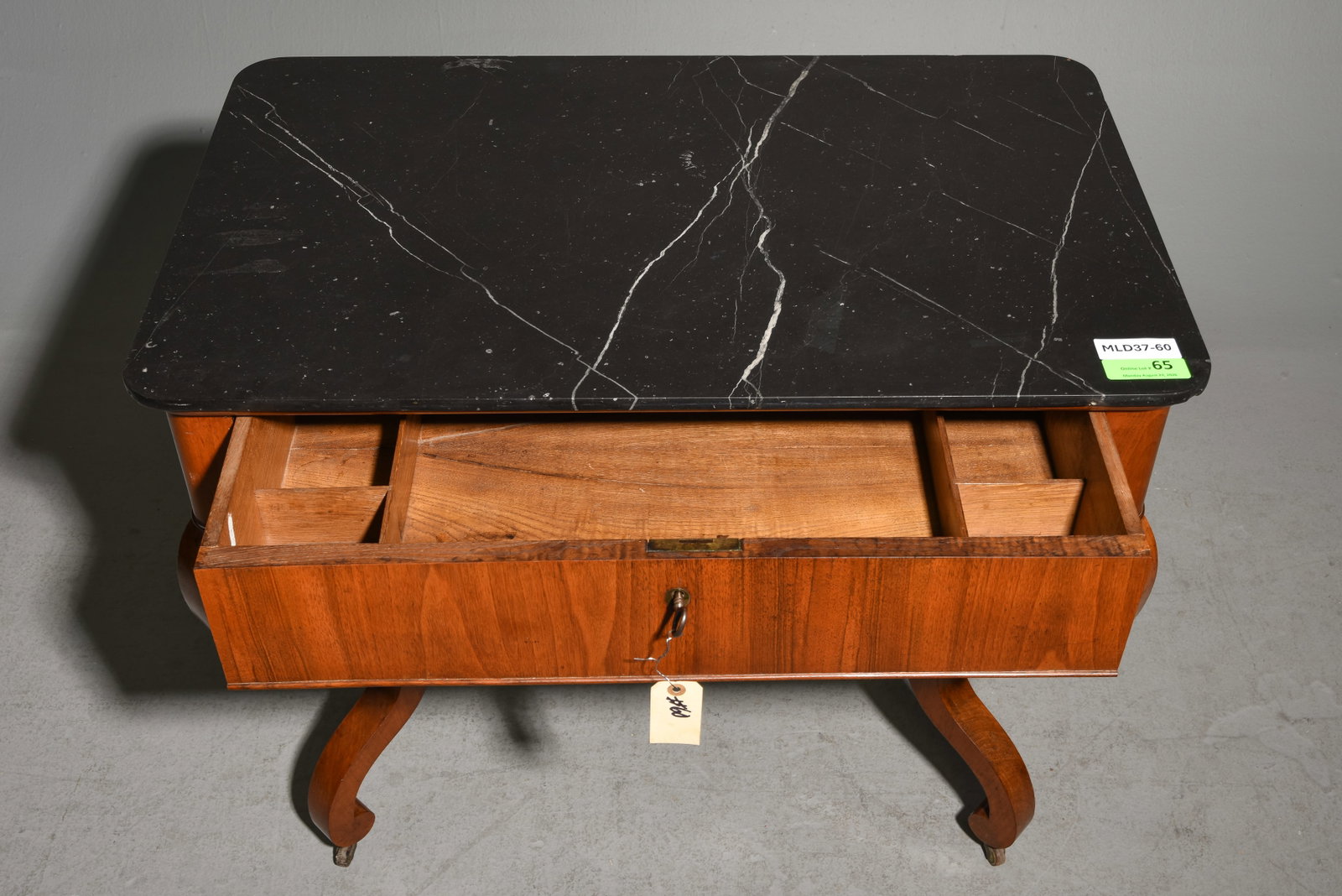 French Marble Top Single Drawer Walnut Table - 2