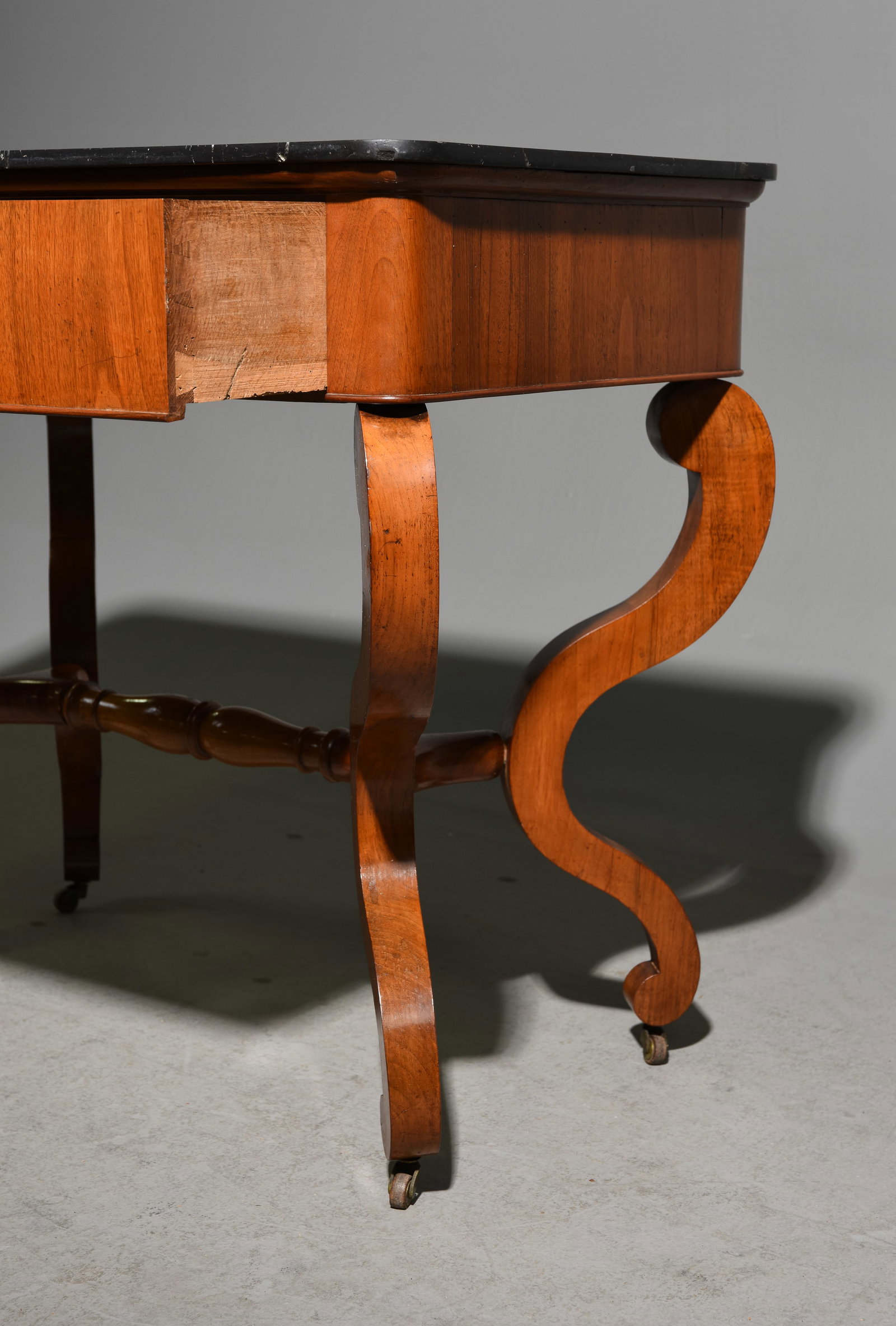 French Marble Top Single Drawer Walnut Table - 3