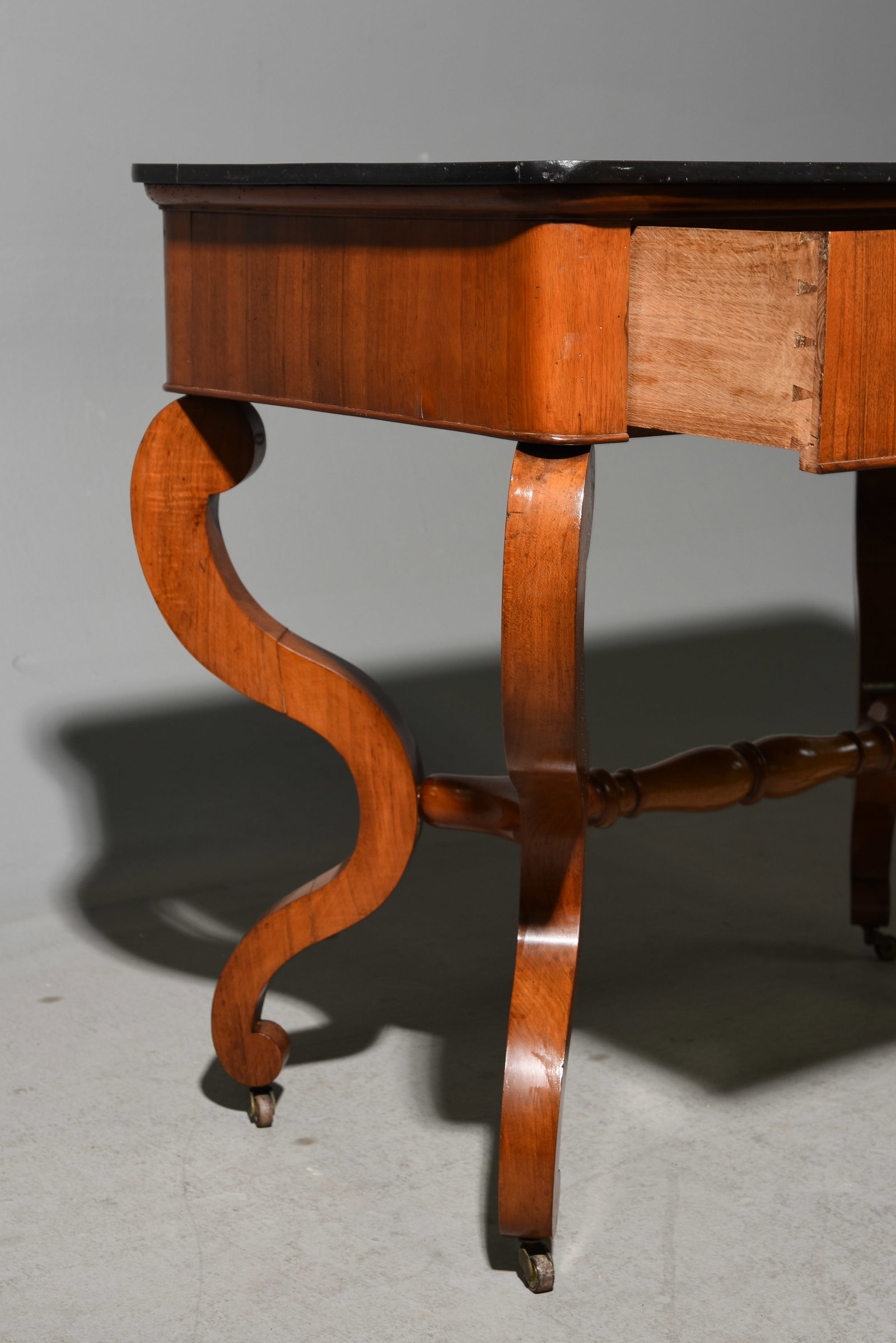 French Marble Top Single Drawer Walnut Table - 4