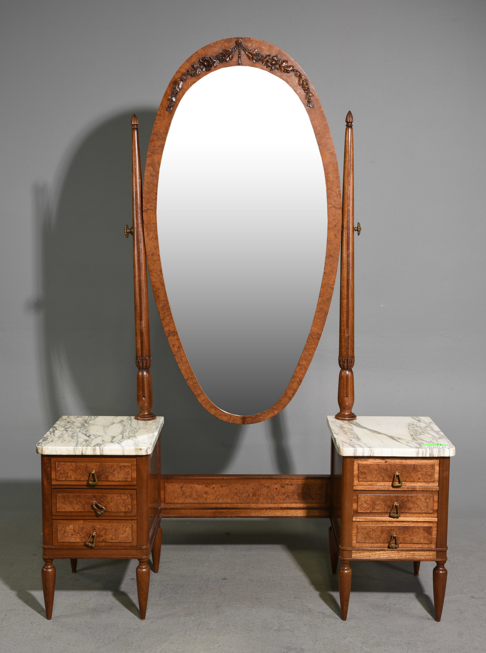 Louis XVI Style Cheval Dressing Mirror with Nightstands: French Louis XVI Style Walnut Cheval Dressing Mirror with attached Marble Top Nightstands / Chests - 70.5 in tall x 50 x 16.5