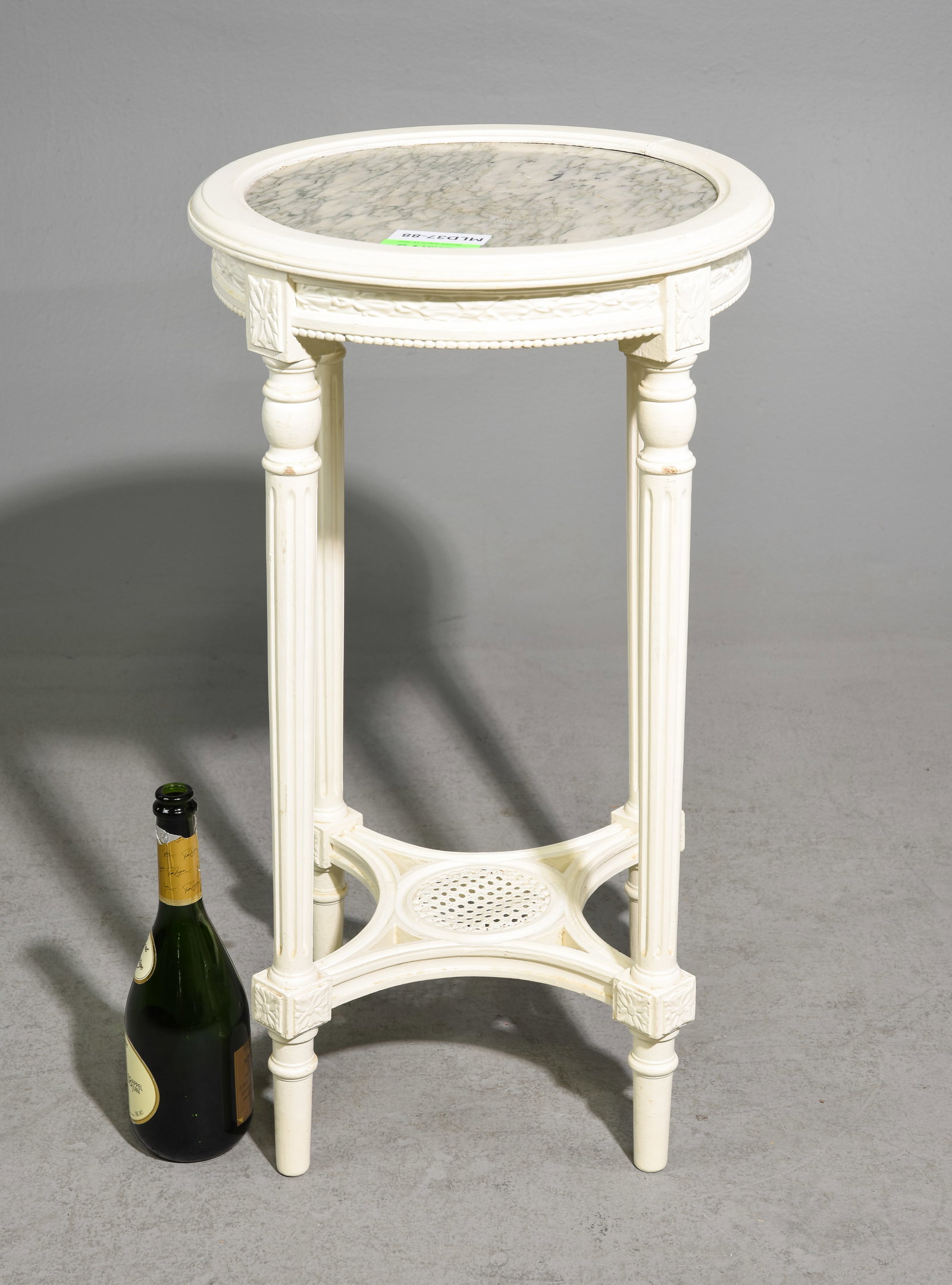 Louis XVI Style Painted Marble Top Side Table: French Louis XVI Style Painted Marble Top Round Side Table / Plant Stand - 29 in tall x 16.5 inch diameter