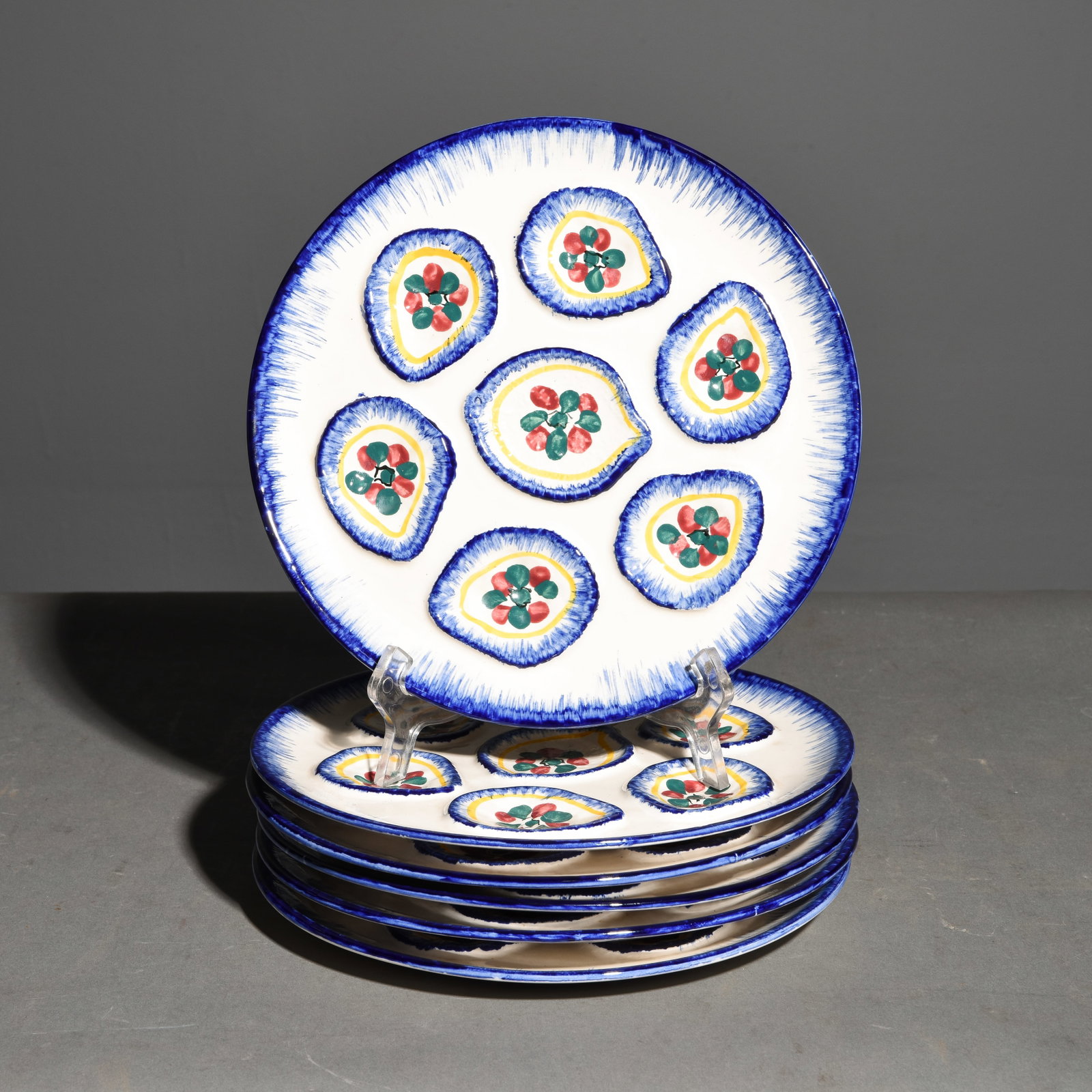 6 French Quimper Style Oyster Plates: 6 French Quimper Style Oyster Plates - 1 in tall x 10 inch diameter each