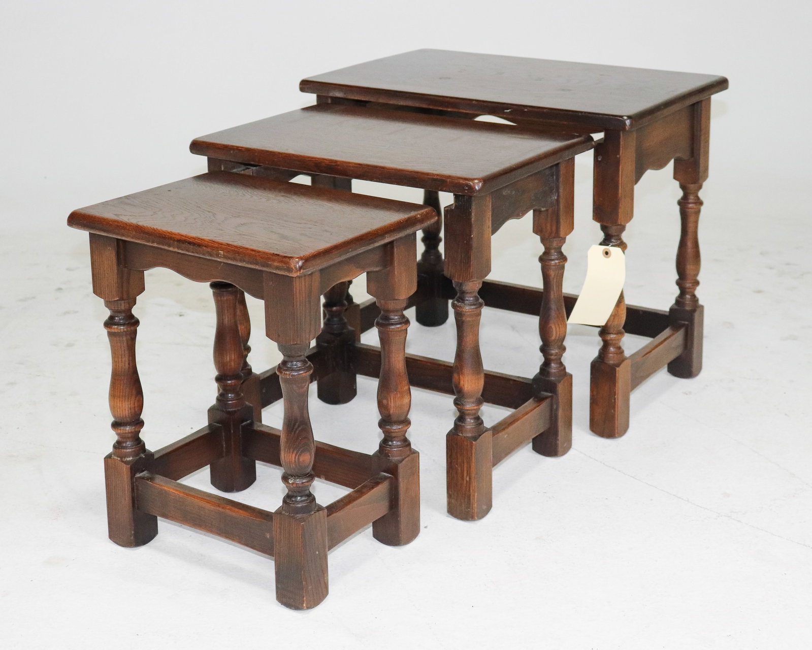 British Oak Nest of Three Tables #1: British Oak Nest of Three Tables - 18.5 in tall x 21.5 x 13.5, 17.5 in tall x 17.5 x 12.5 and 16 in tall x 14 x 10
