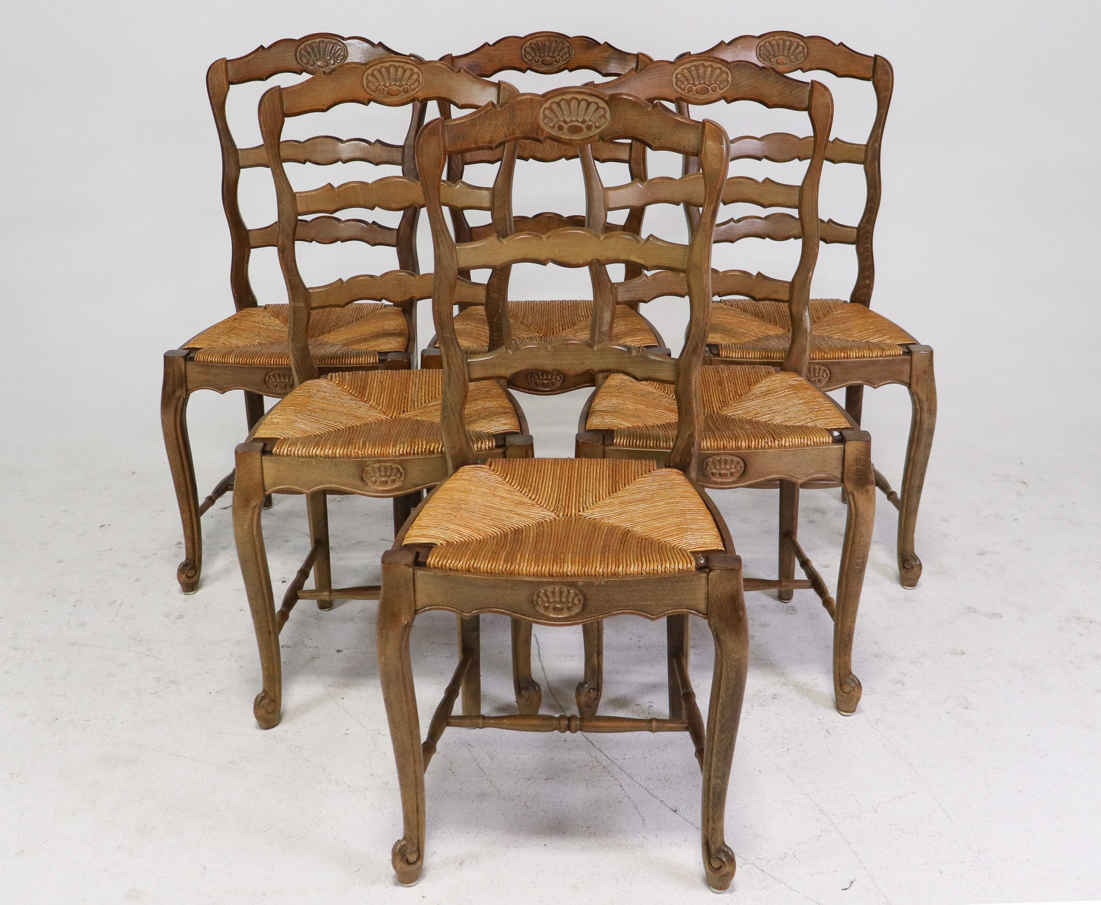 Louis XV Style Set of 6 Oak Rush Seat Chairs: French Louis XV Style Set of 6 Oak Rush Seat Chairs - 39 in tall x 18 x 18, seat height is 18