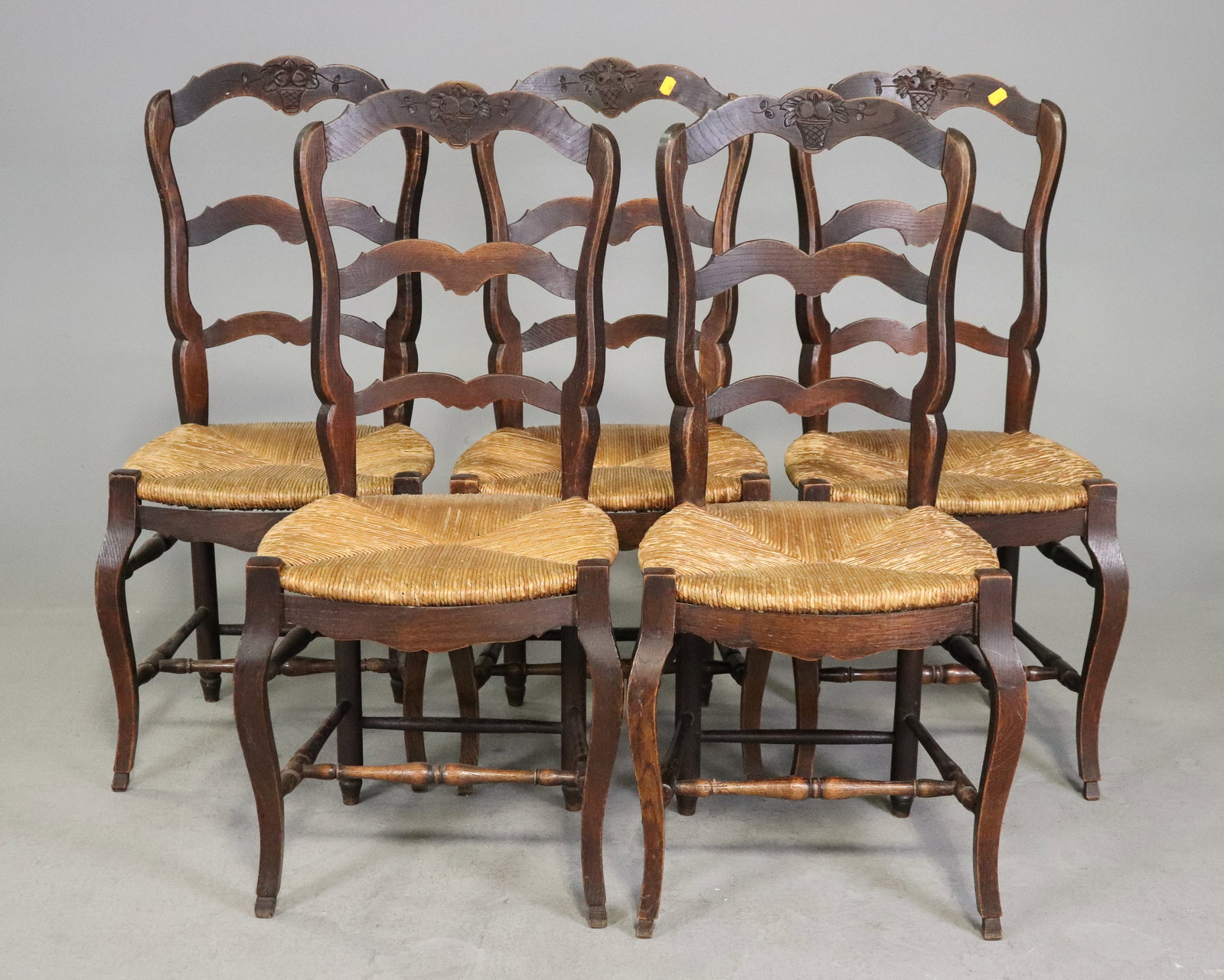 Louis XV Style Set of 5 Oak Rush Seat Chairs: French Louis XV Style Set of 5 Oak Rush Seat Chairs - 38 in tall x 18 x 17, seat height is 17 in